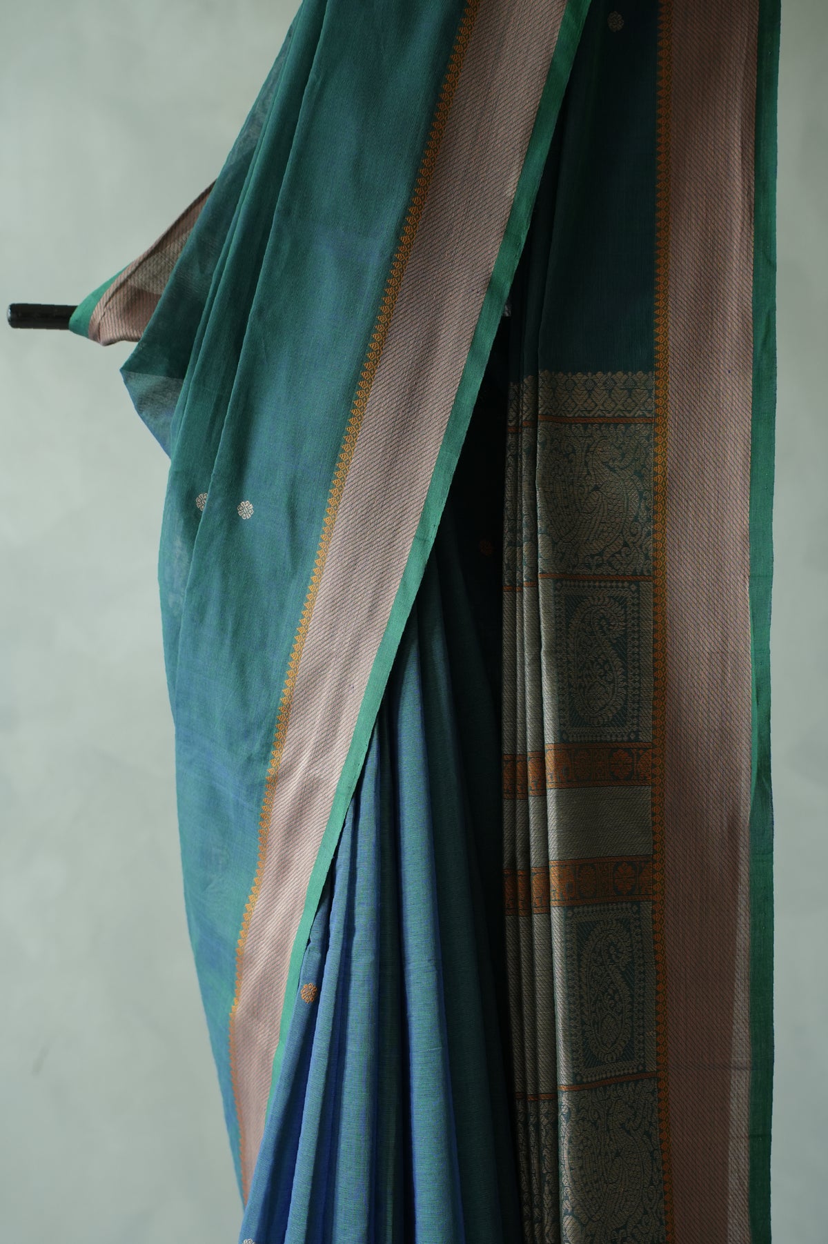 Deep Peacock Blue Kanchi Cotton With Beige And Green Border Saree