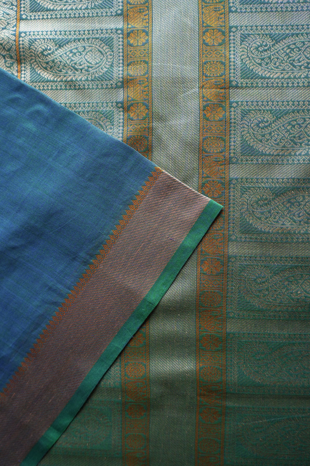 Deep Peacock Blue Kanchi Cotton With Beige And Green Border Saree