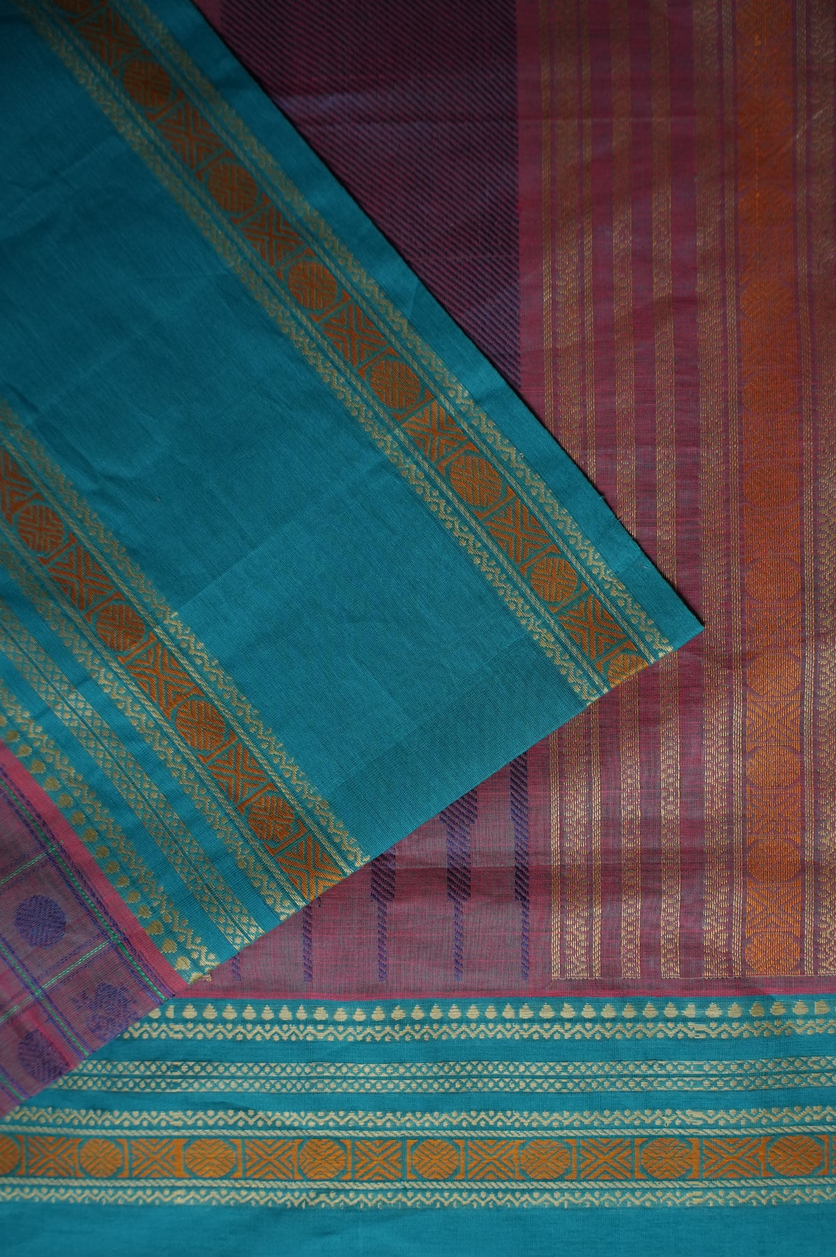 Dusty Pink Kanchi Cotton Ayiram Butta with Blue Border Saree
