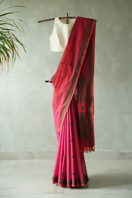 Punch Pink Kanchi Cotton with Deep Olive and Orange Border Saree