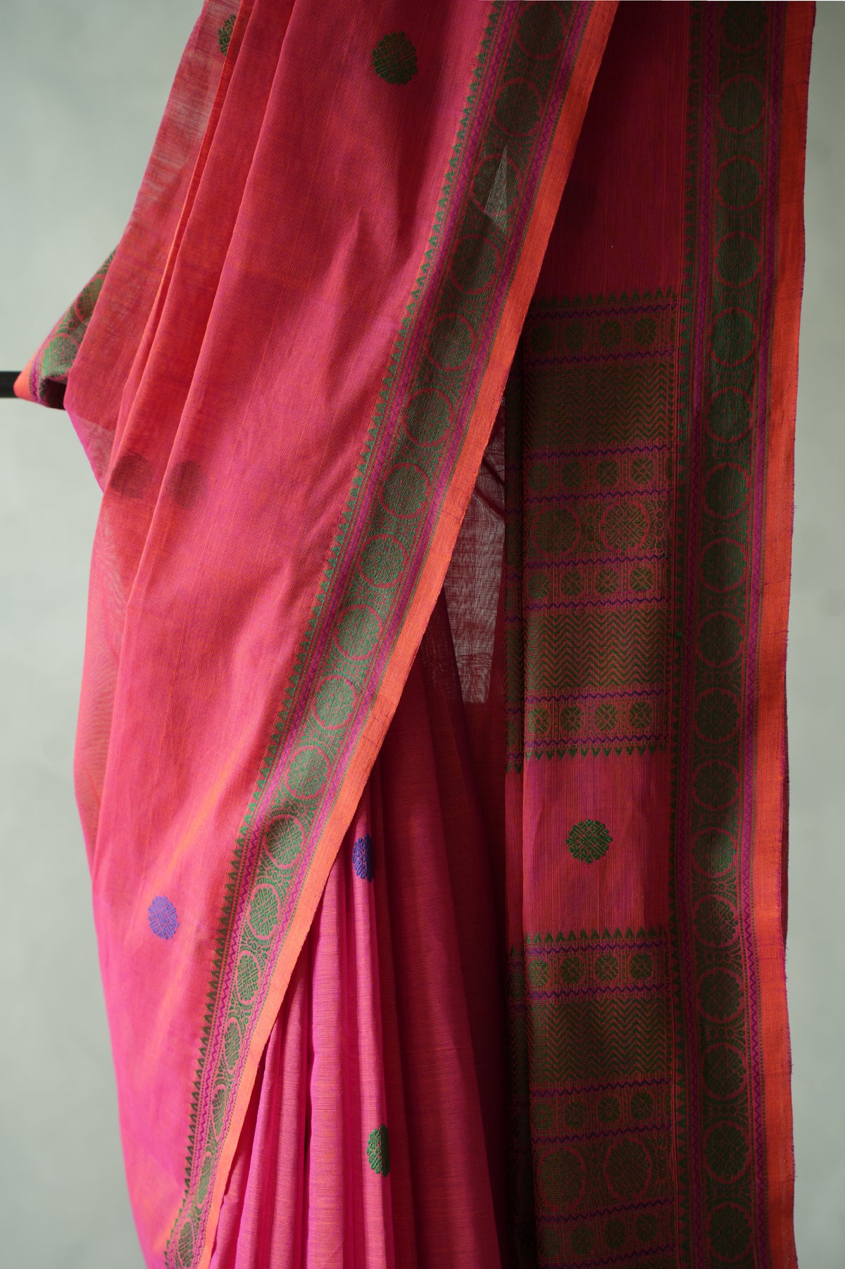 Punch Pink Kanchi Cotton with Deep Olive and Orange Border Saree