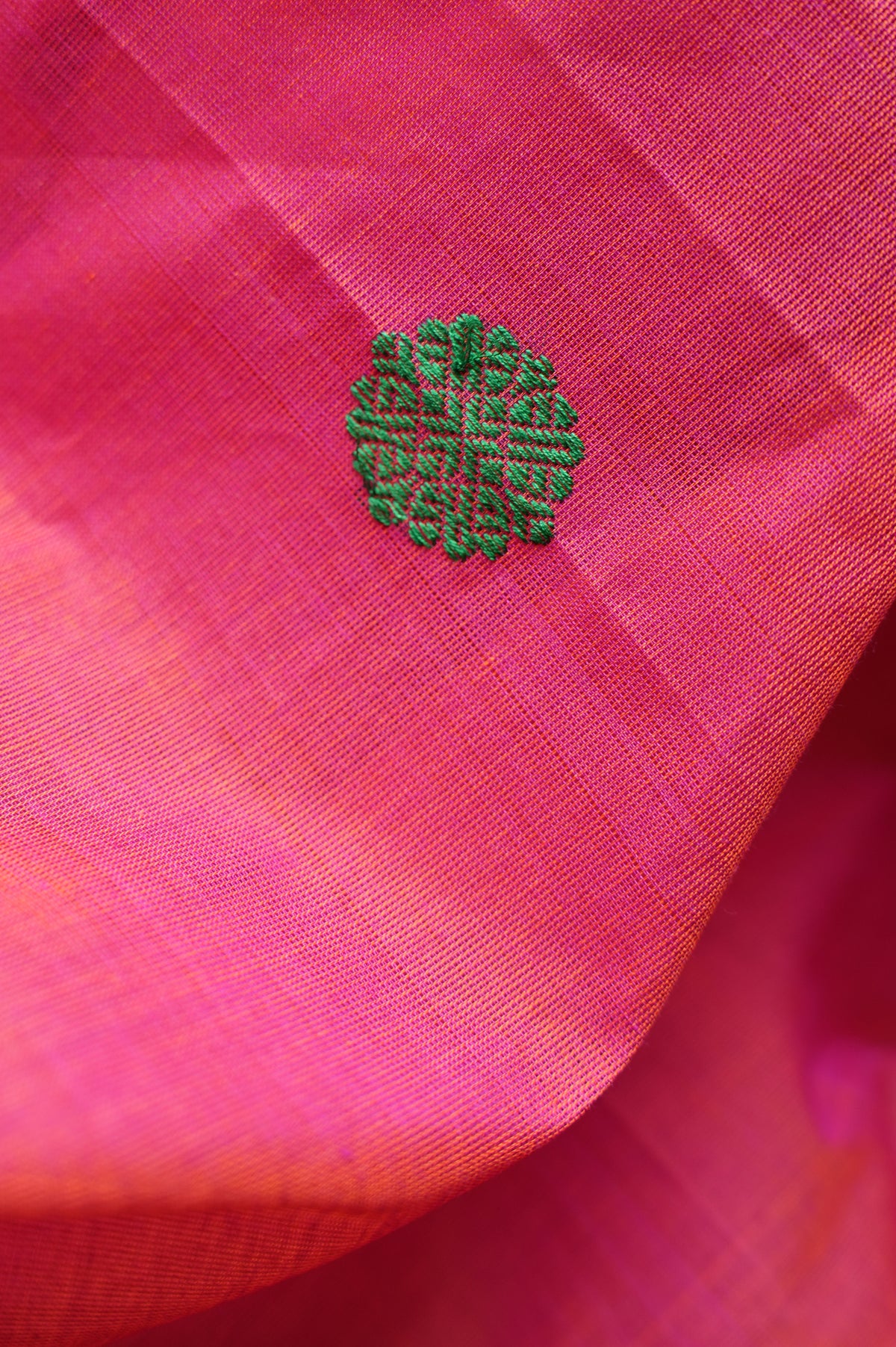 Punch Pink Kanchi Cotton with Deep Olive and Orange Border Saree