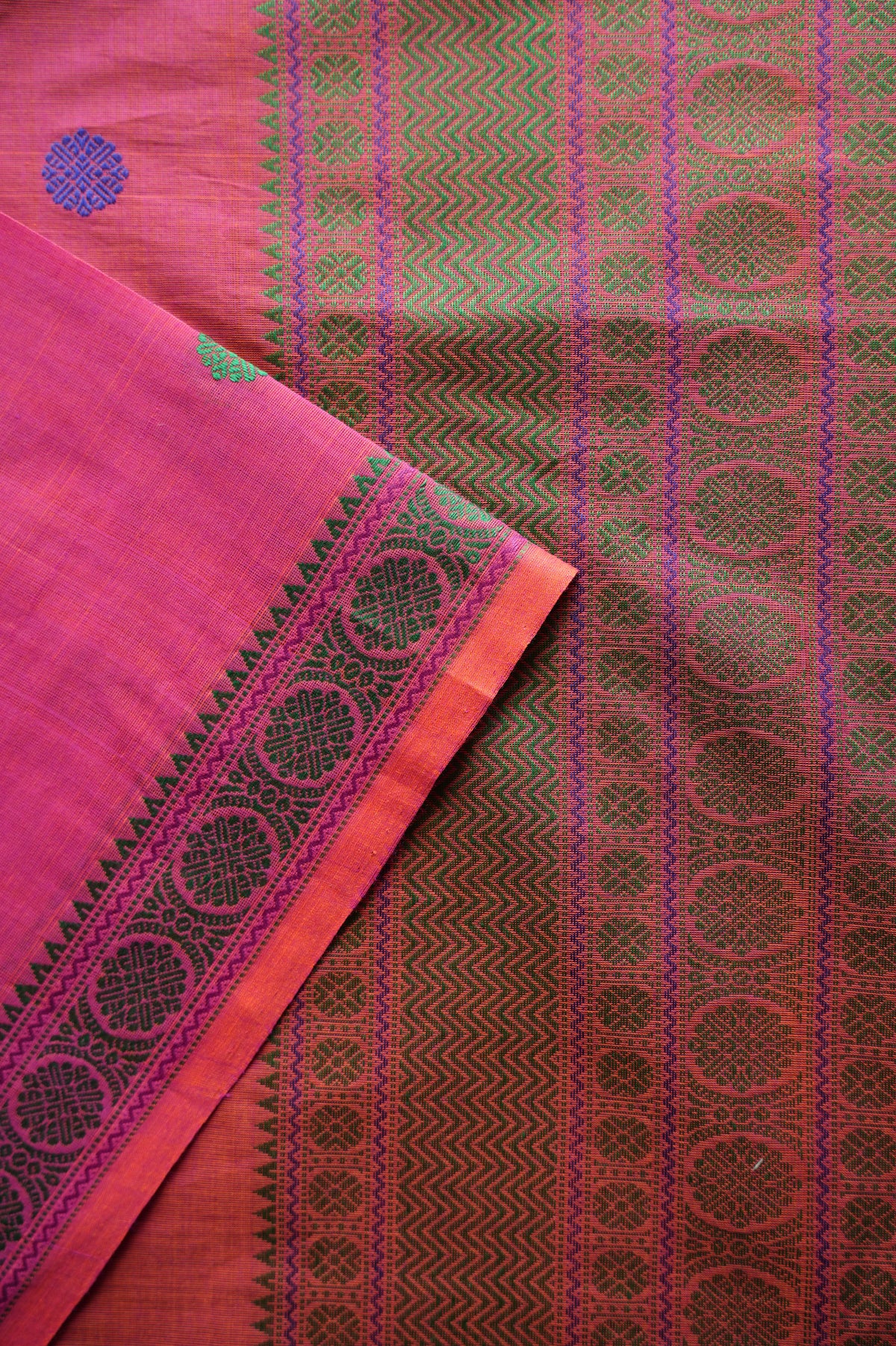 Punch Pink Kanchi Cotton with Deep Olive and Orange Border Saree