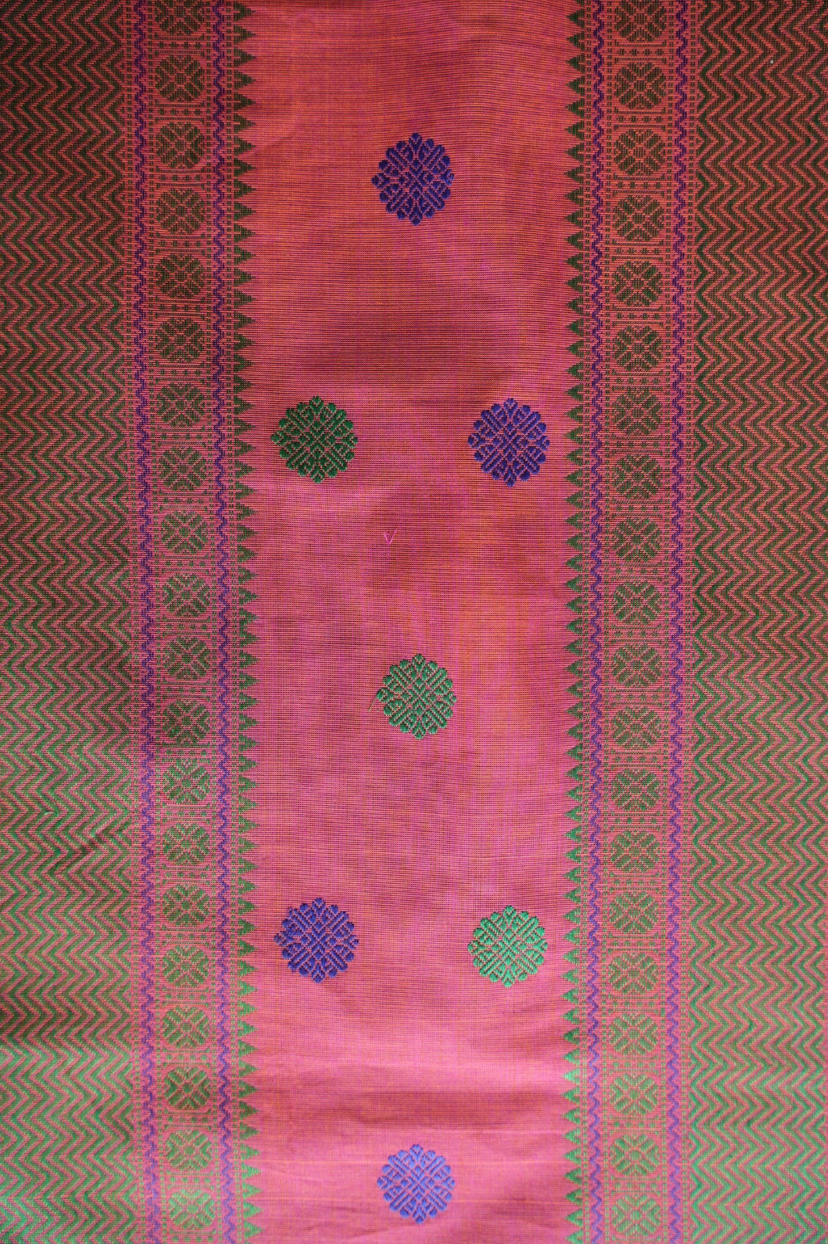 Punch Pink Kanchi Cotton with Deep Olive and Orange Border Saree