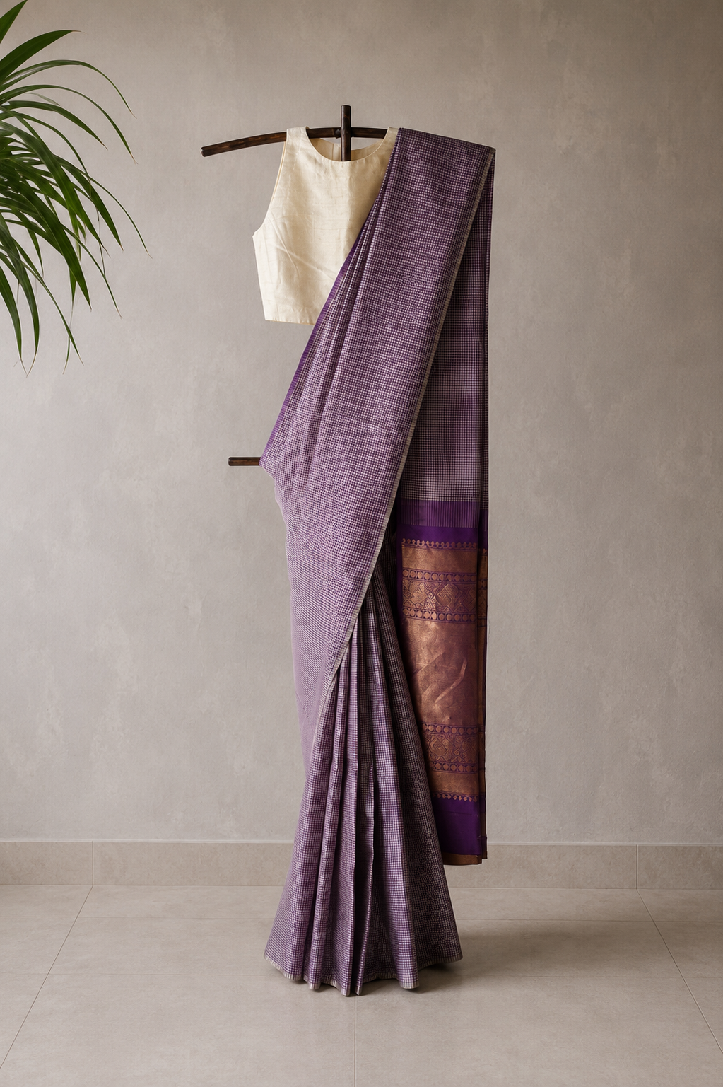 Dark Purple and White Micro-Check Silk Saree with Gold Zari Pallu