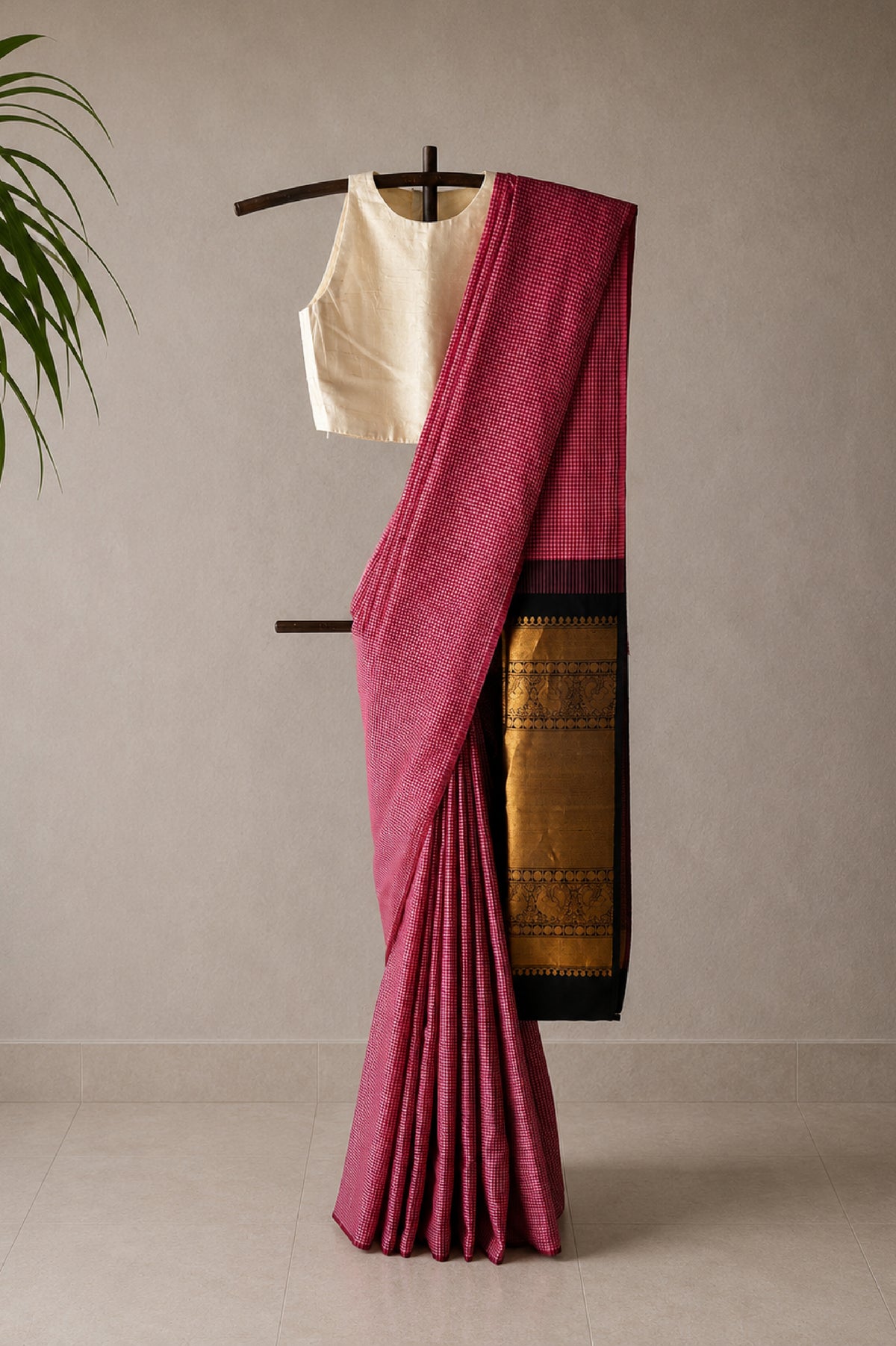 Pink and Red Micro Checks with Black and Gold Pallu