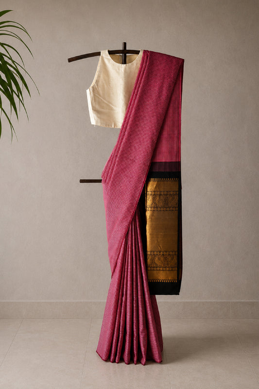 Pink and Red Micro Checks with Black and Gold Pallu
