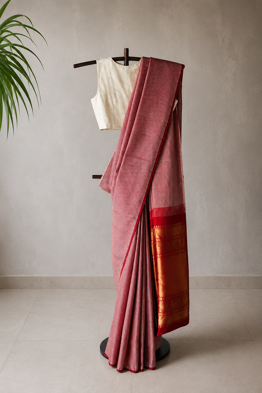 Red and White Micro-Check Silk Saree with Gold Zari Pallu