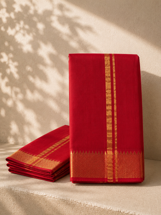 Classic Red Mangalagiri Silk Cotton Veshti Set with Gold Zari Border