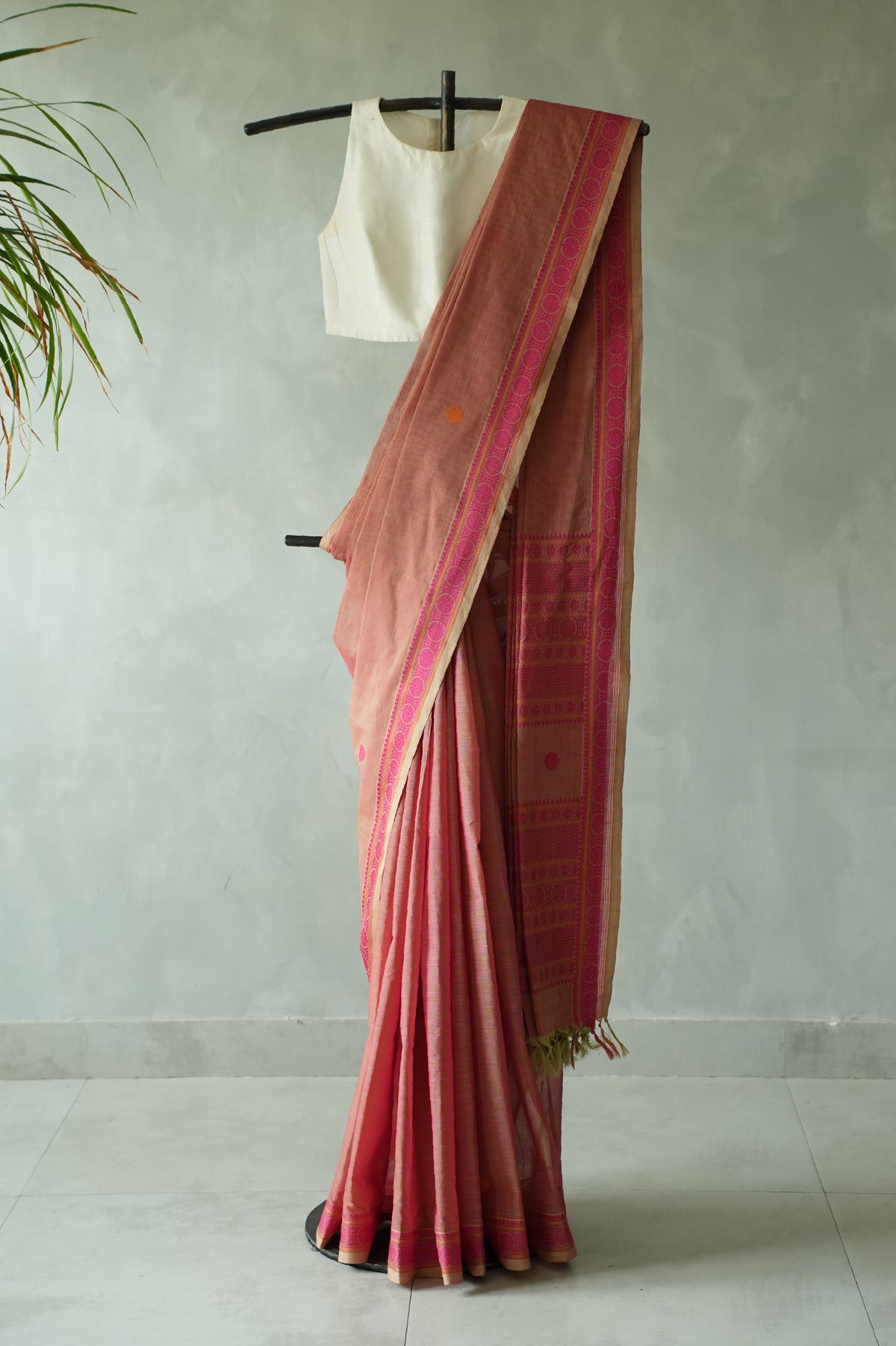 Dusty Rose Kanchi Cotton Saree with Rani Pink Border