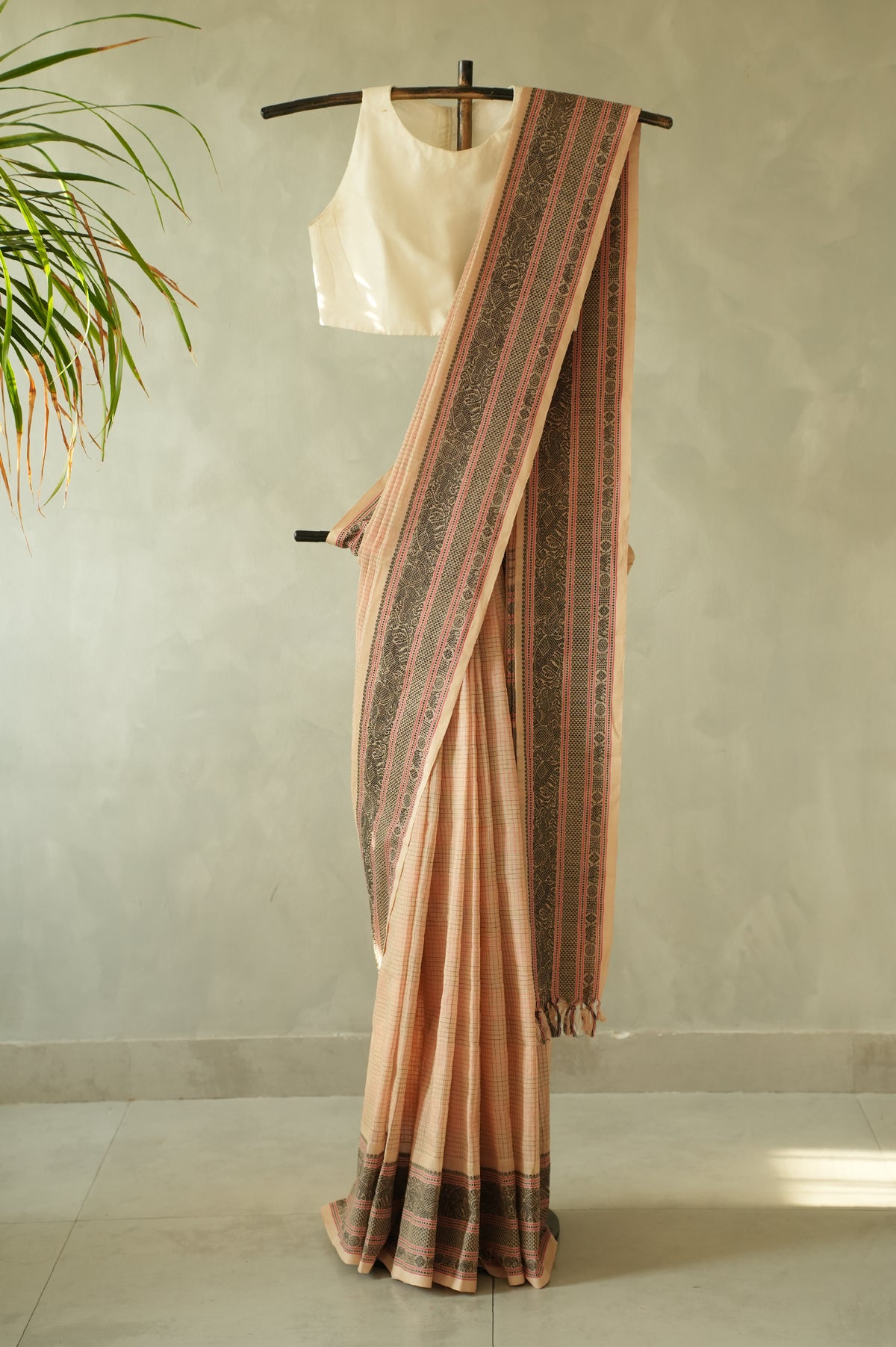 Beige Kanchi Cotton with Muted Pink and Black Border Saree