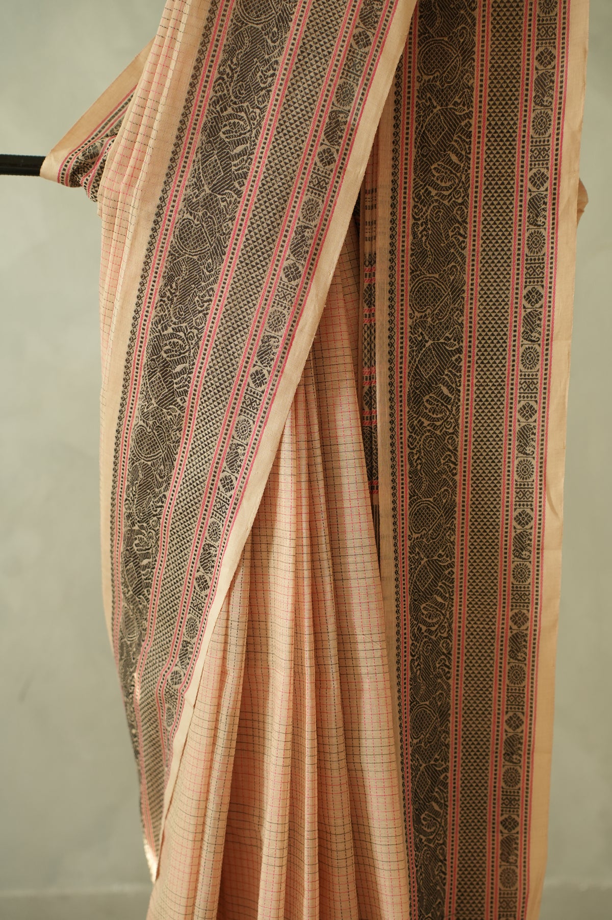 Beige Kanchi Cotton with Muted Pink and Black Border Saree