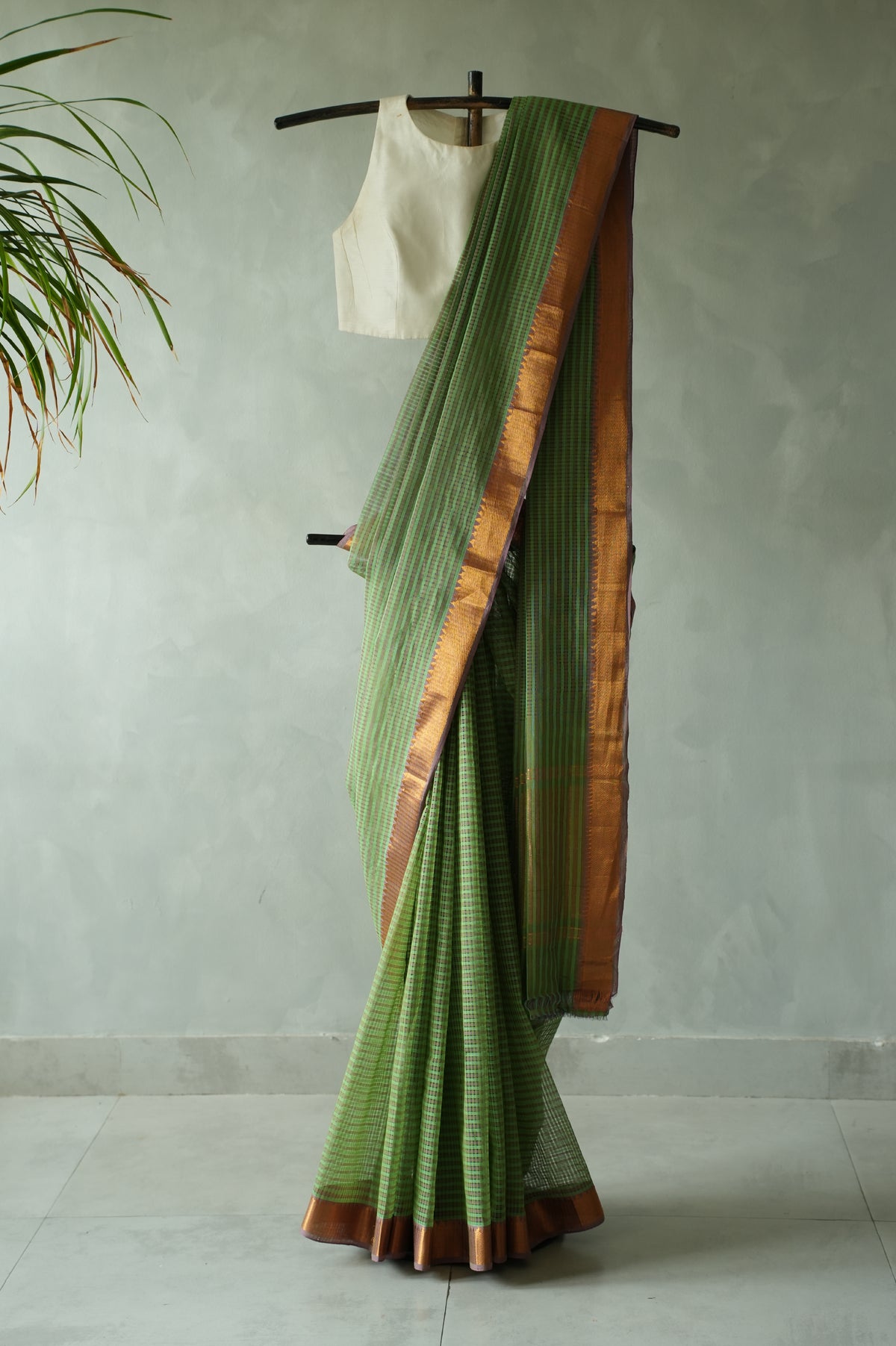 Sage Green Micro Check Mangalagiri Cotton With Zari and  Muted Lavender Border Saree