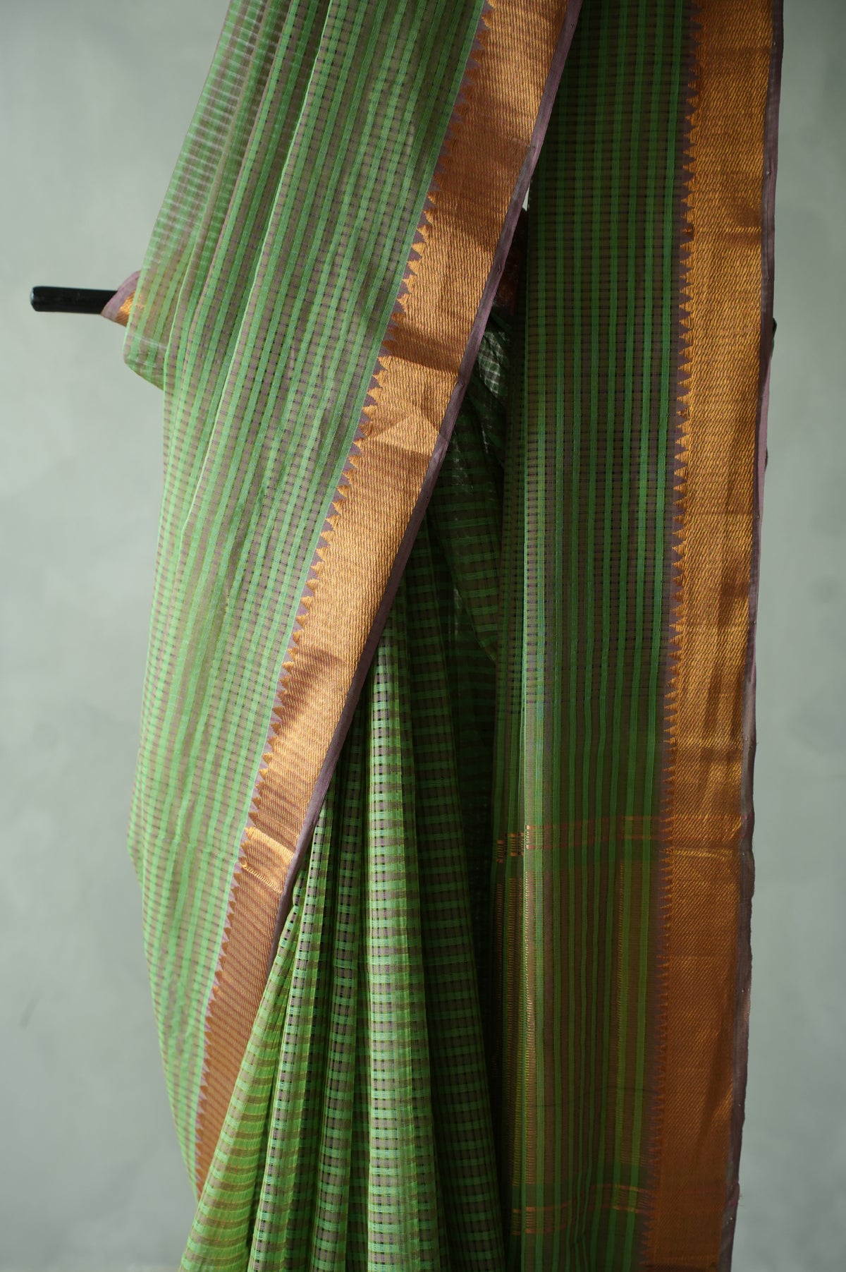 Sage Green Micro Check Mangalagiri Cotton With Zari and  Muted Lavender Border Saree