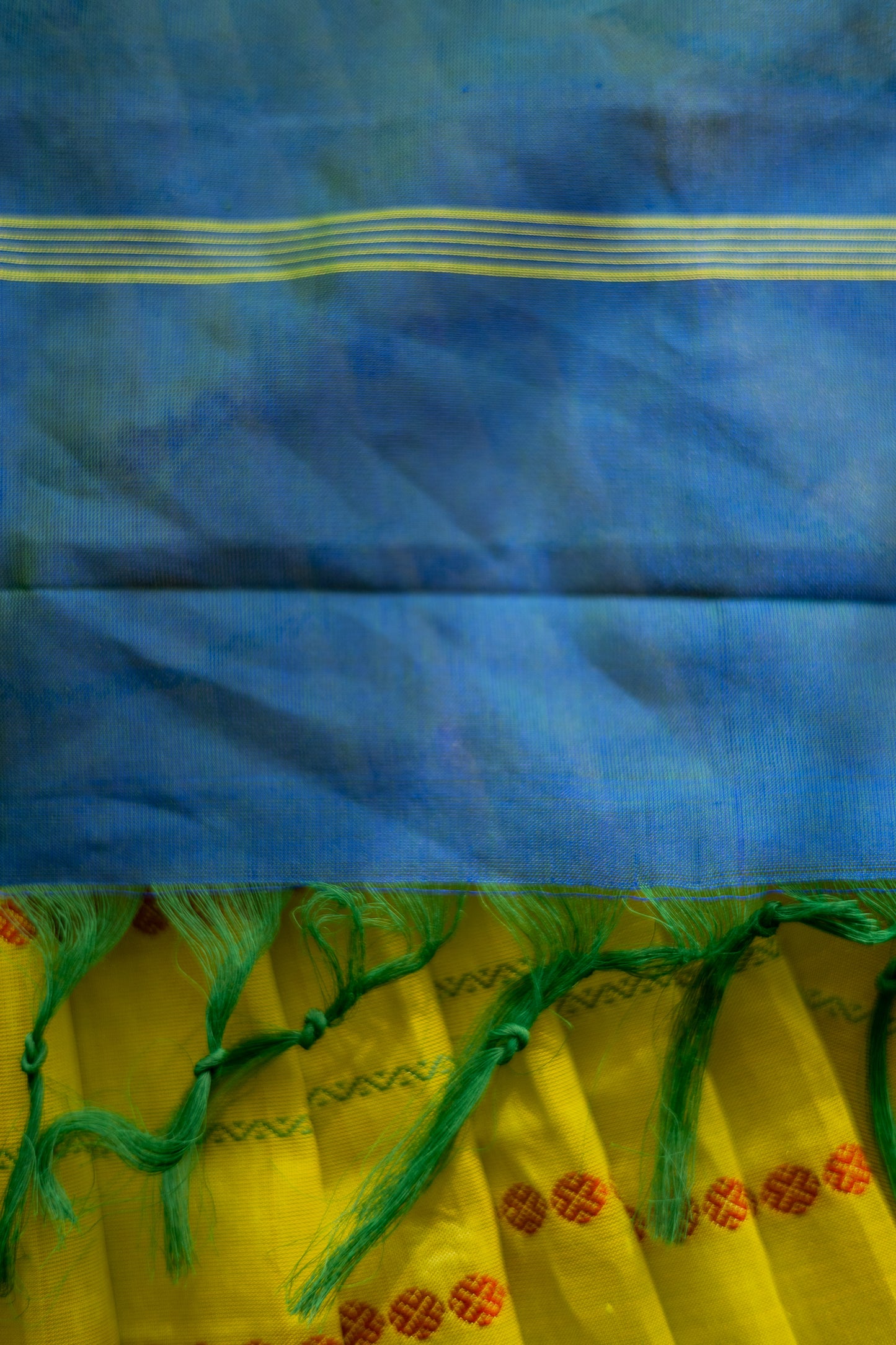 Lime Green Silk Cotton Saree with Rudraksham Motif and Big Blue Border