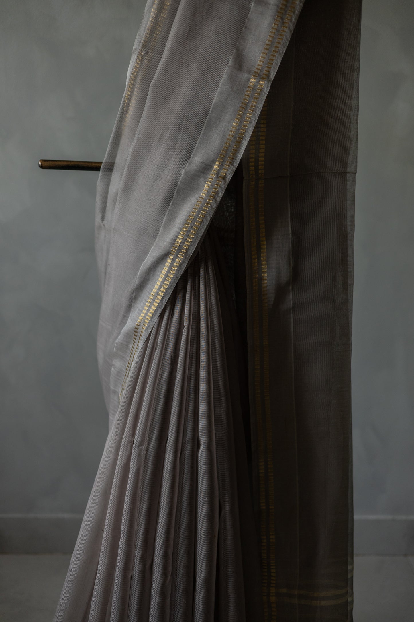 Grey Silk Cotton with Barcode Zari Border Saree