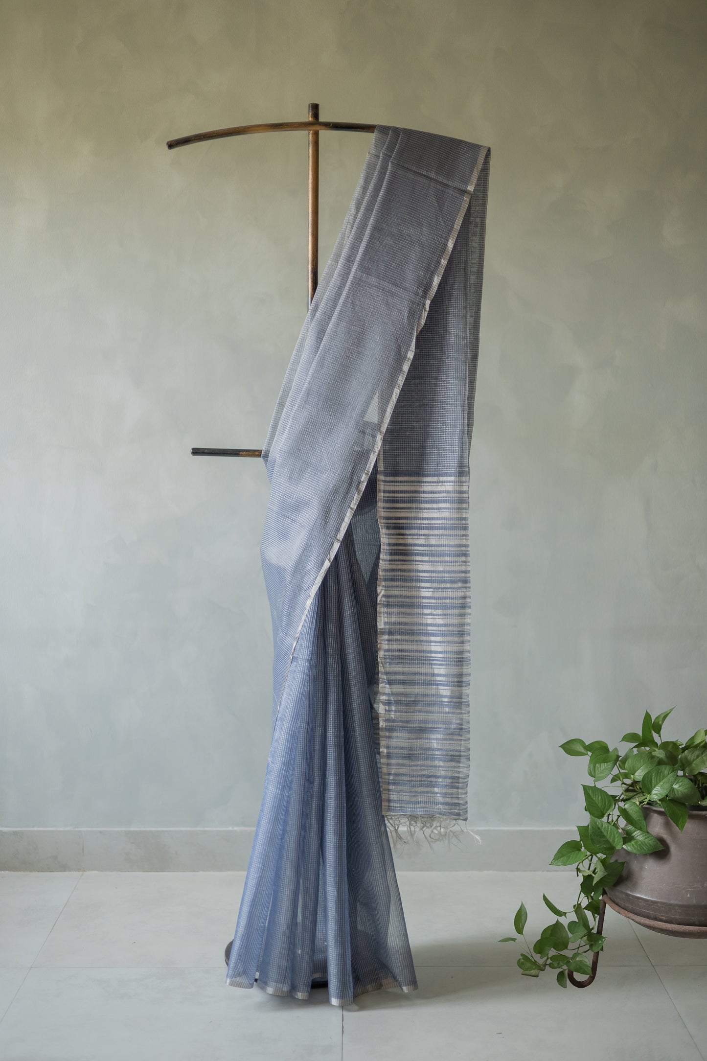 Blue Silk Cotton with All Over Silver Small Checks and Striped Pallu Saree