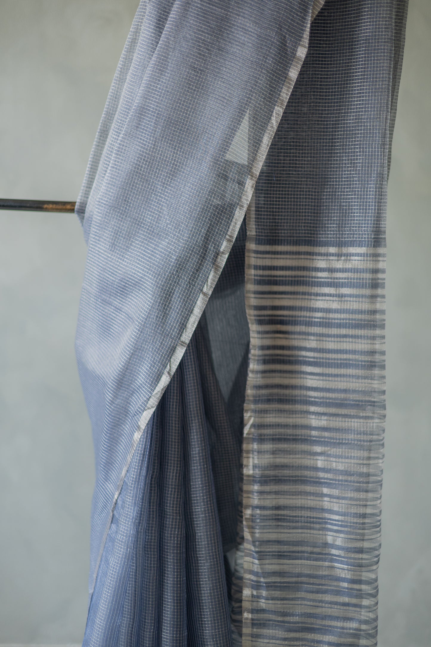 Blue Silk Cotton with All Over Silver Small Checks and Striped Pallu Saree