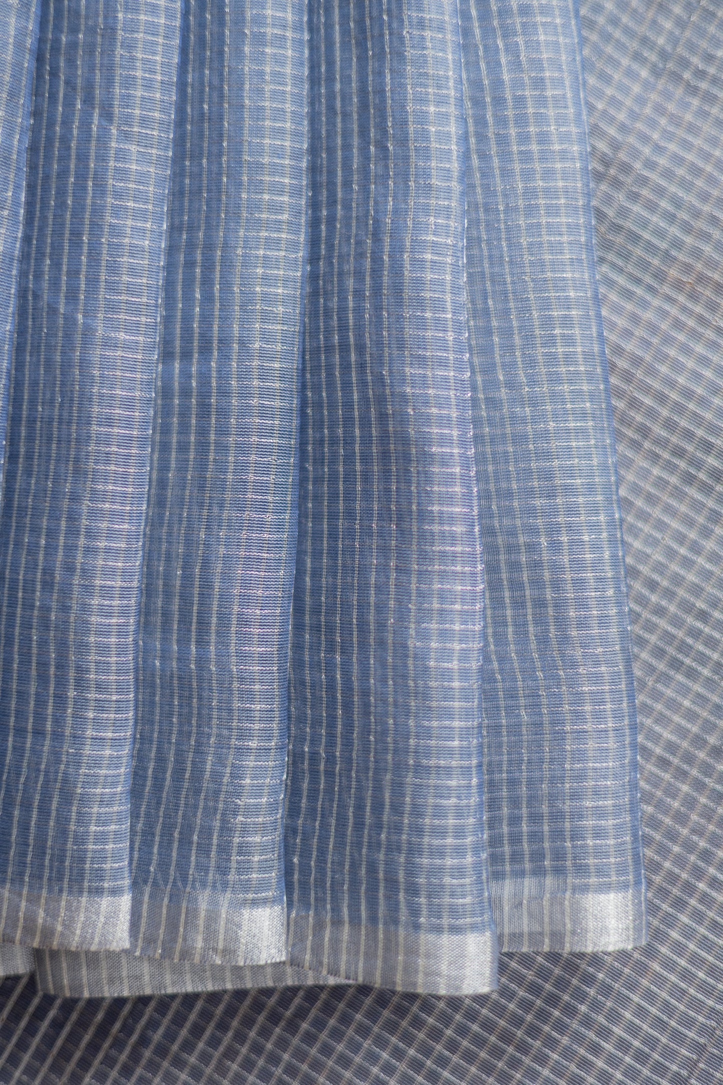 Blue Silk Cotton with All Over Silver Small Checks and Striped Pallu Saree