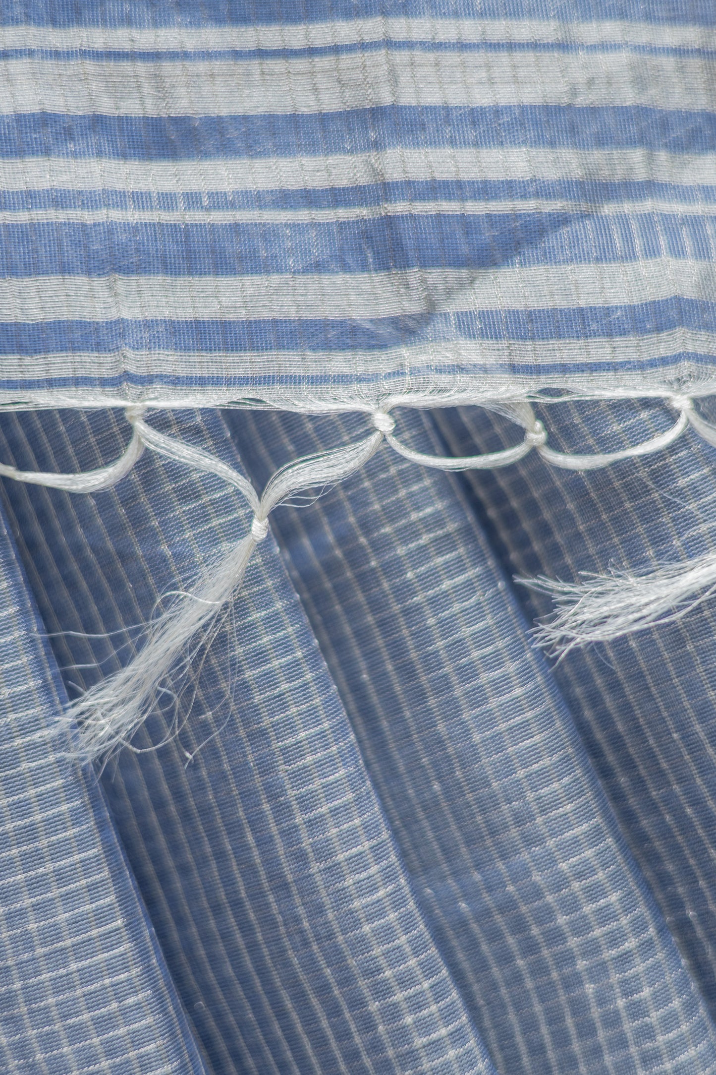 Blue Silk Cotton with All Over Silver Small Checks and Striped Pallu Saree