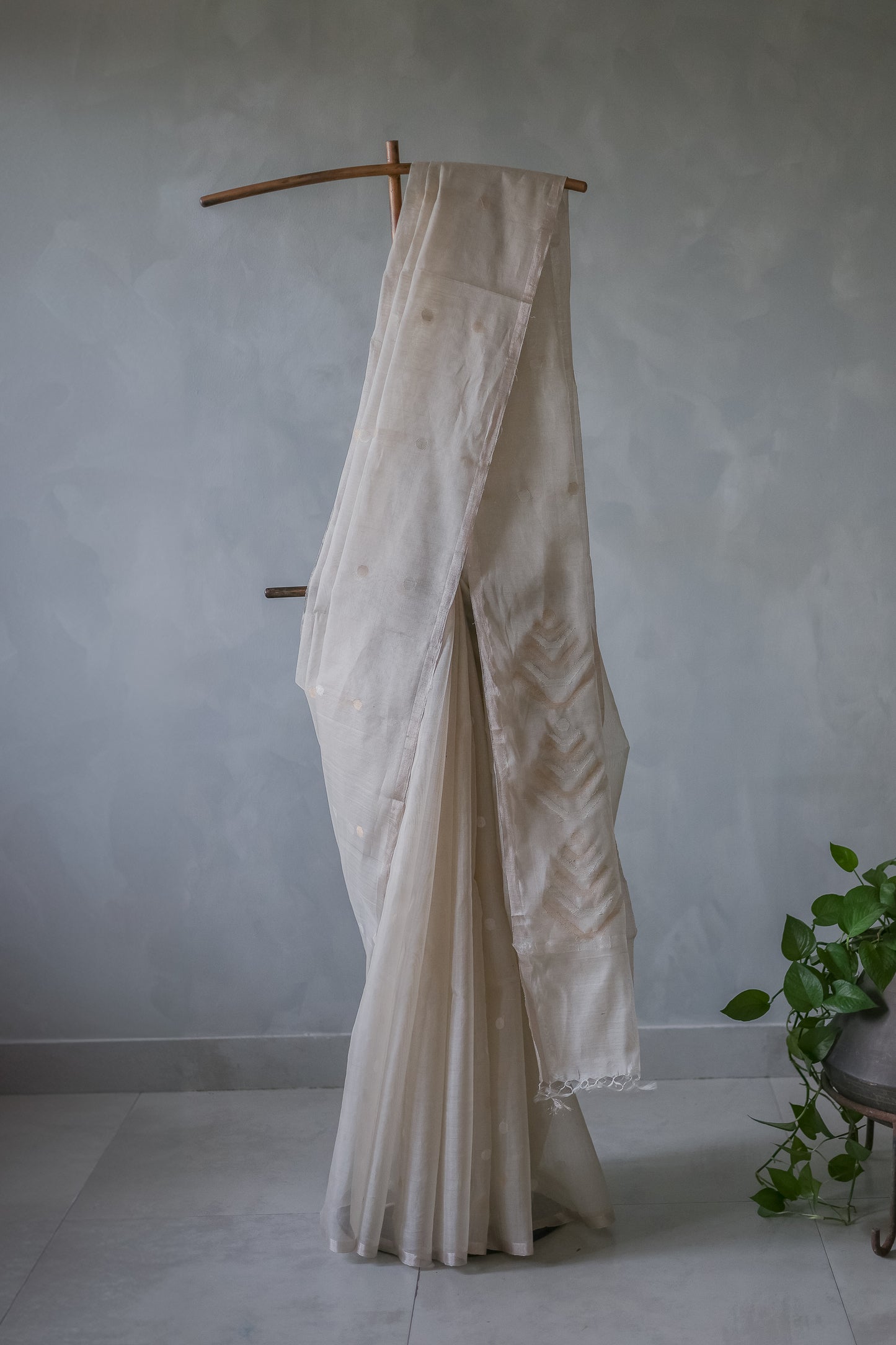 Pale Grey Silk Cotton All Over Polka Bengal Jala Pallu Saree