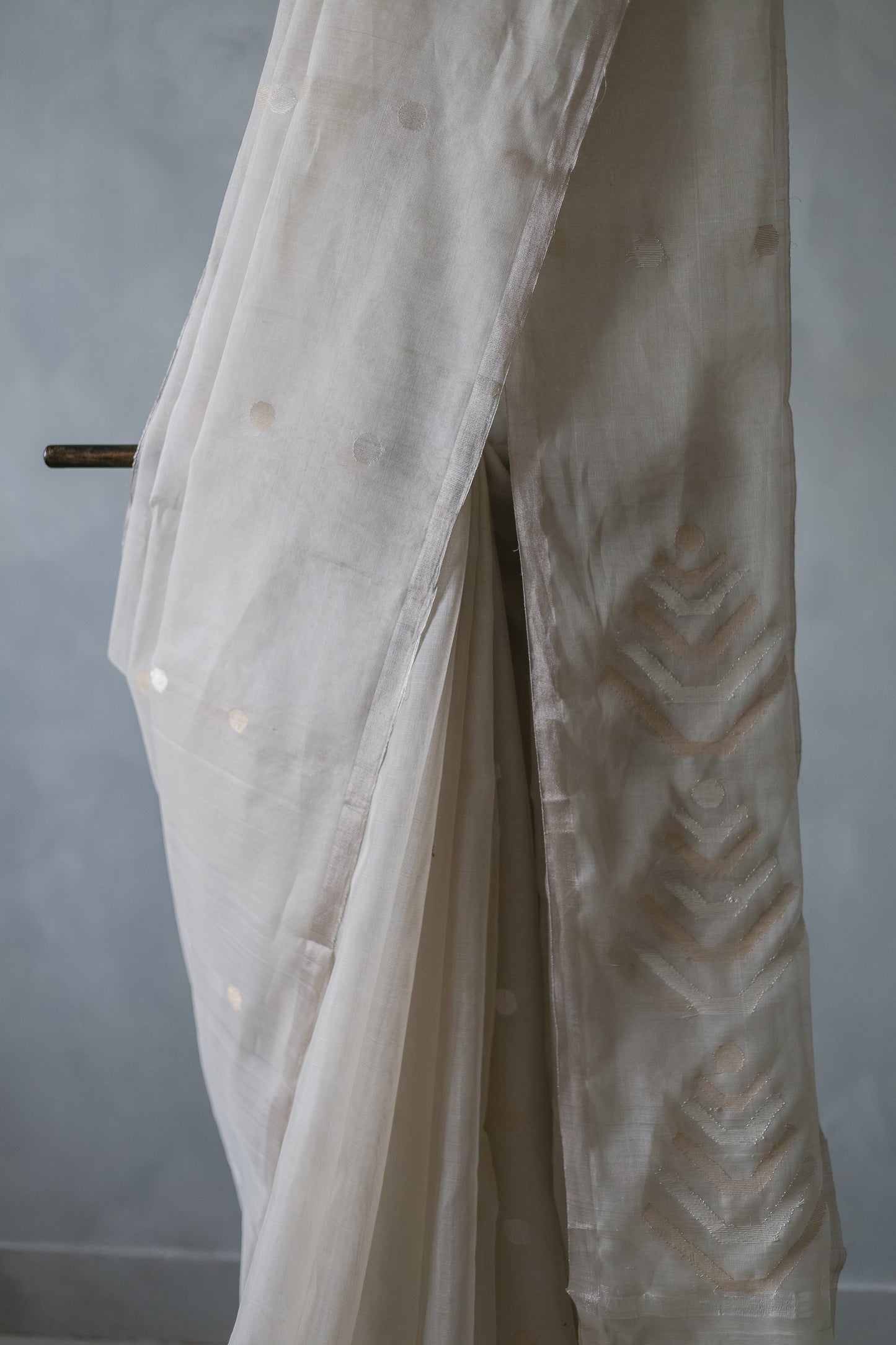 Pale Grey Silk Cotton All Over Polka Bengal Jala Pallu Saree