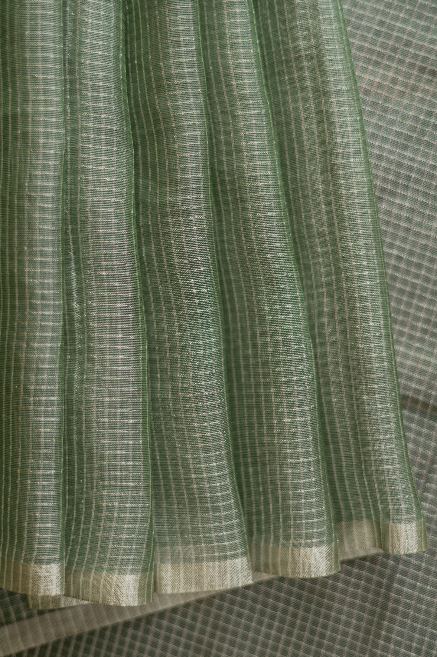 Green Silk Cotton with All Over Silver Small Checks and Striped Pallu Saree