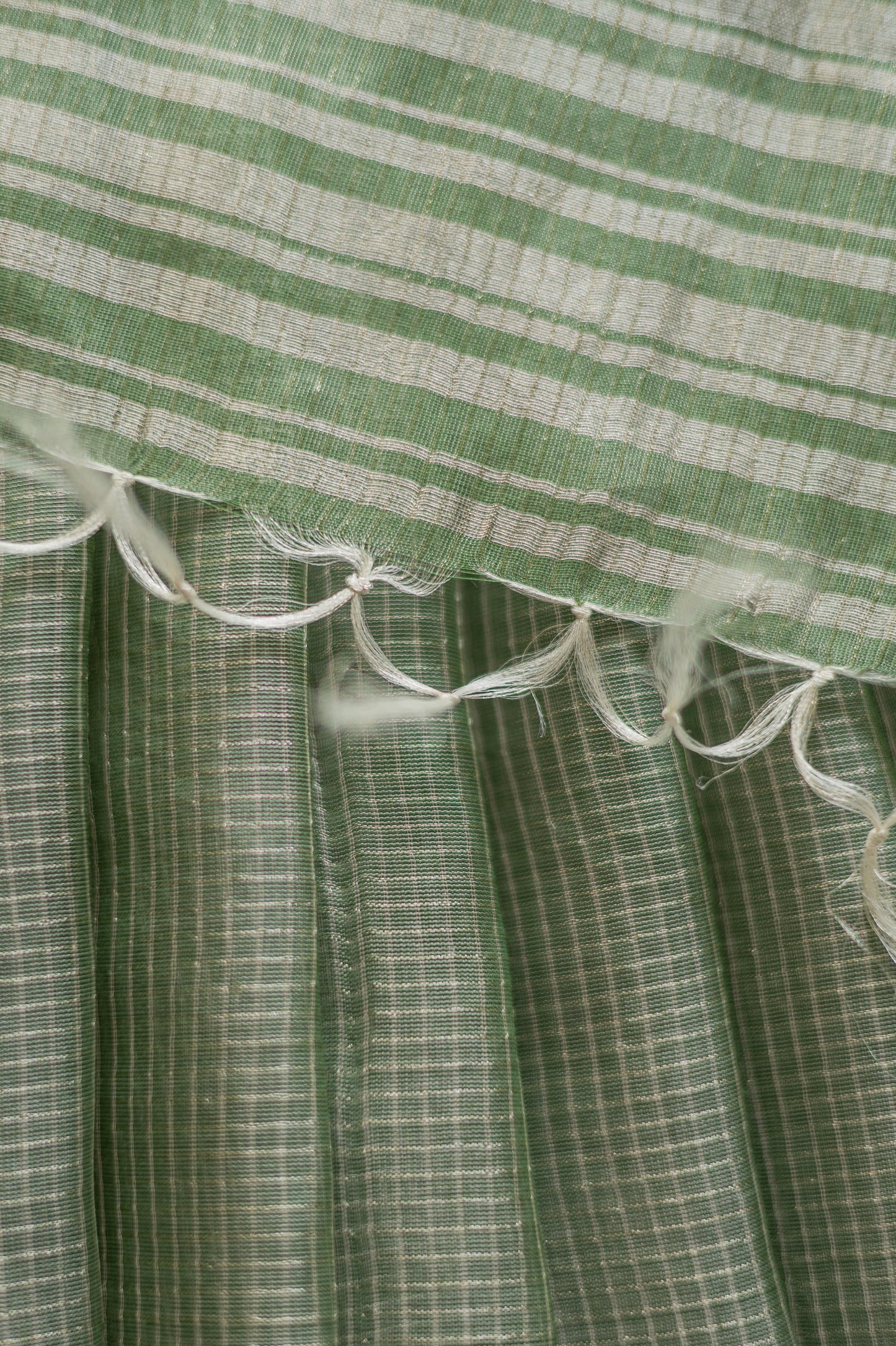 Green Silk Cotton with All Over Silver Small Checks and Striped Pallu Saree