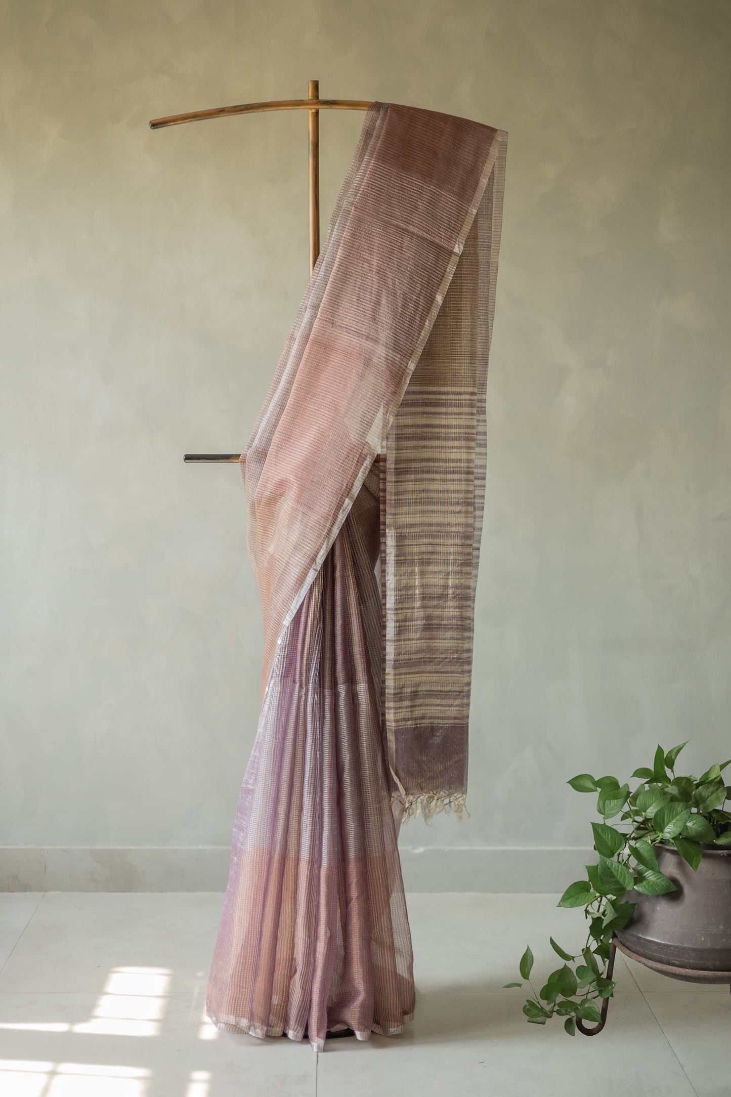 Light Purple Silk Cotton All Over Stripes and Checks Saree