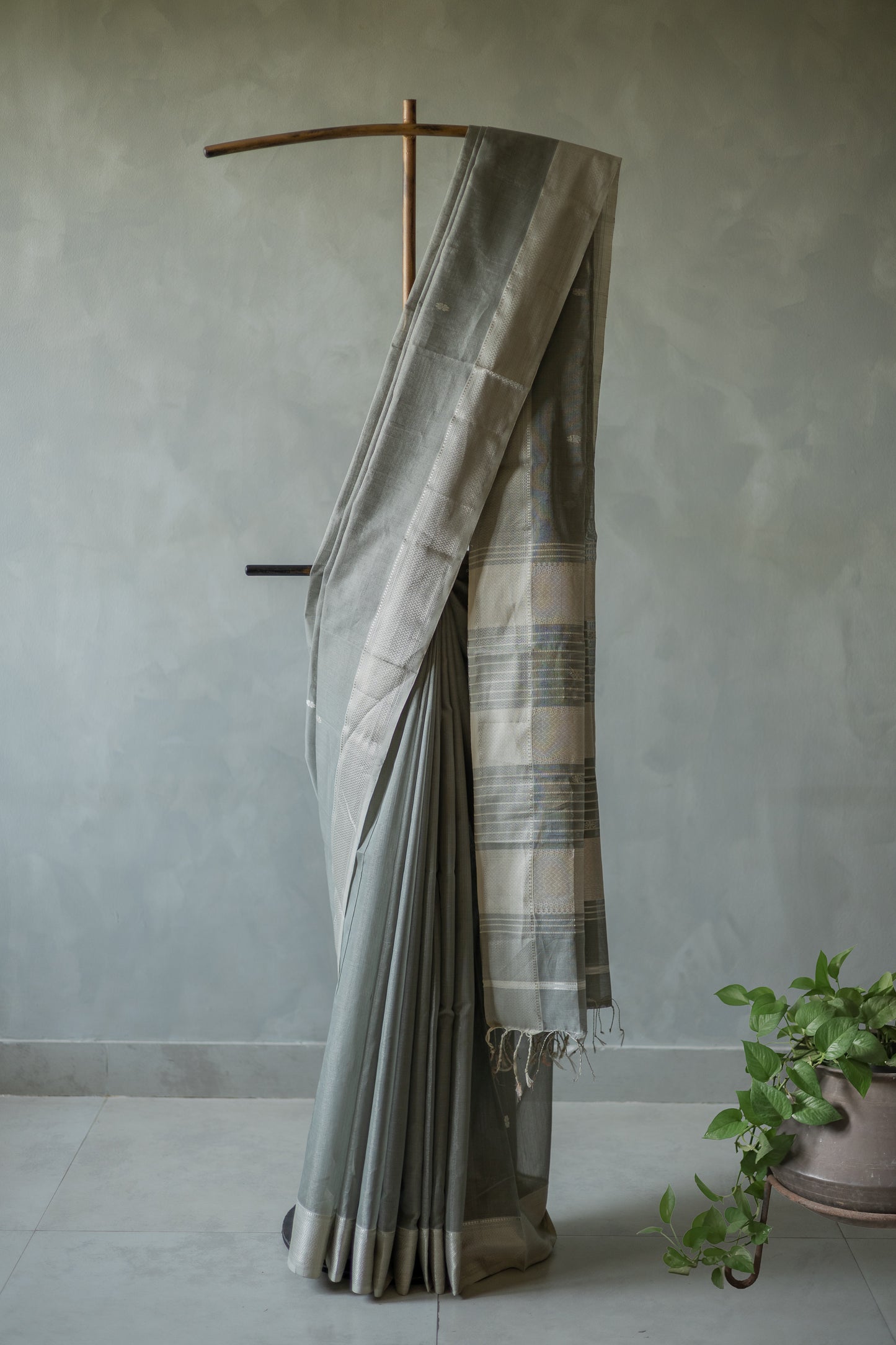 Grey Silk Cotton with Silver Motif and Traditional Border Saree