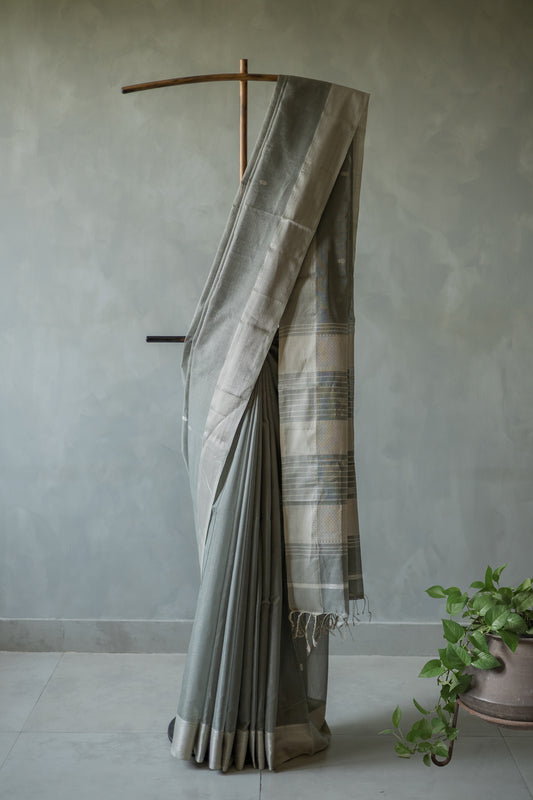 Grey Silk Cotton with Silver Motif and Traditional Border Saree
