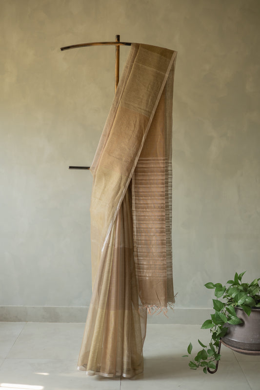 Olive Silk Cotton All Over Stripes and Checks Saree