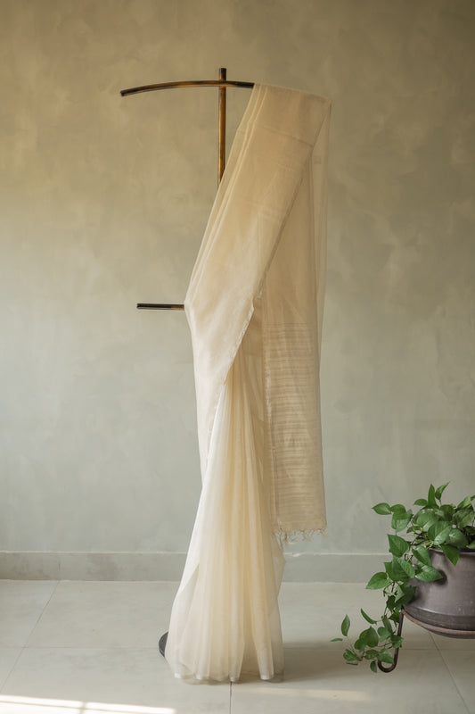 White Silk Cotton with All Over Silver Small Checks and Striped Pallu Saree