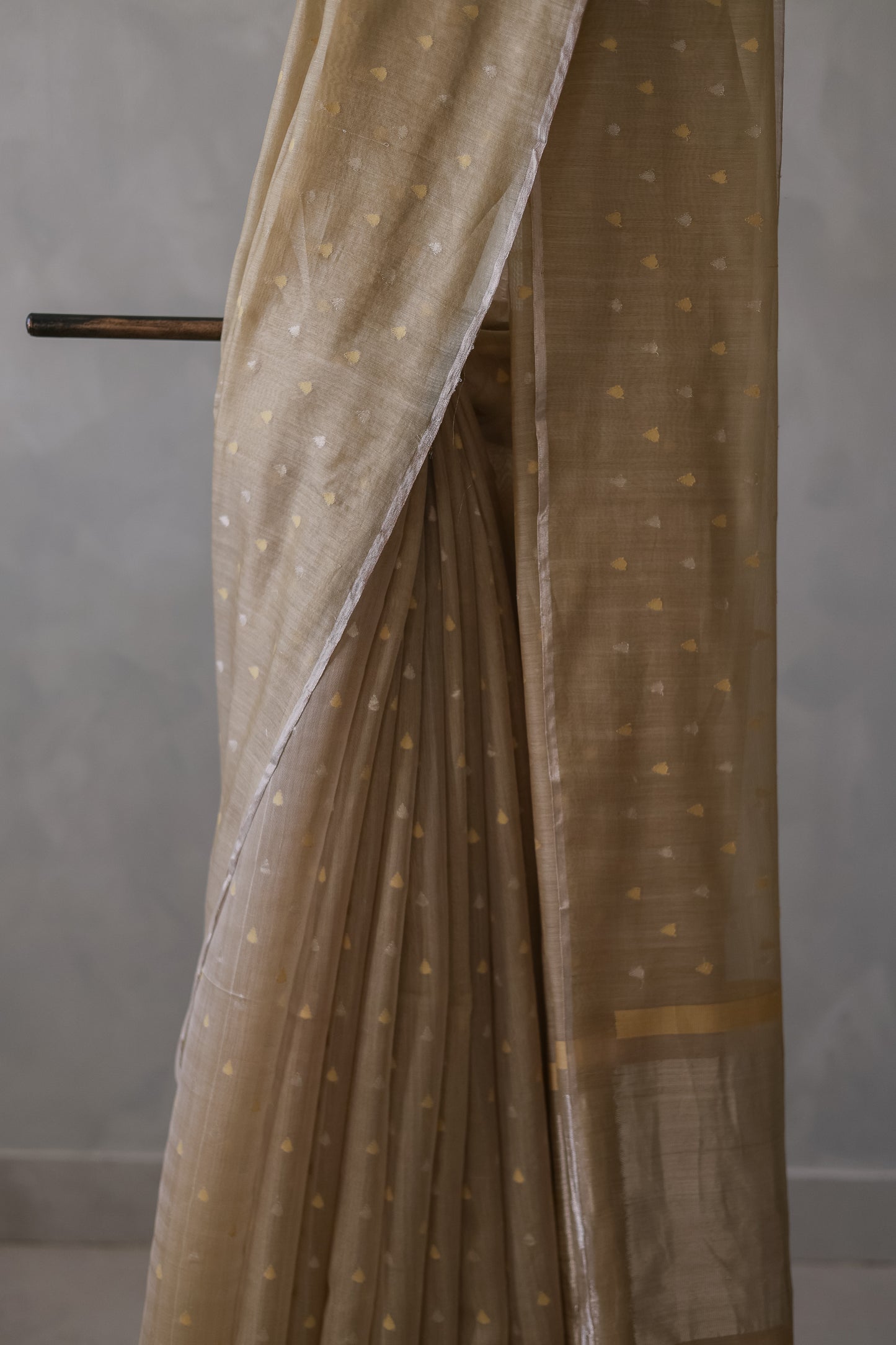 Light Brown Silk Cotton All Over Gold and Silver Raindrop Motif Saree