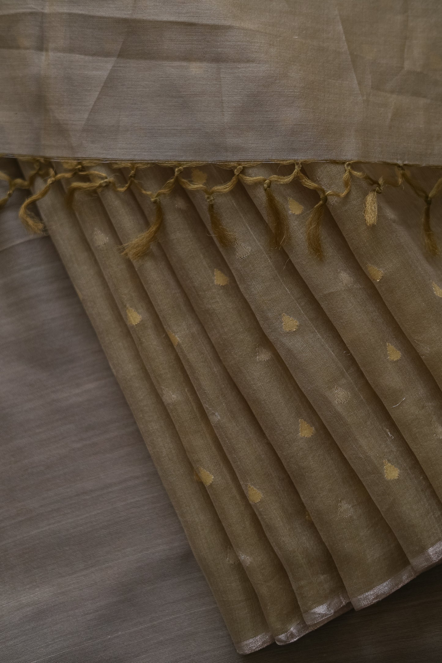 Light Brown Silk Cotton All Over Gold and Silver Raindrop Motif Saree