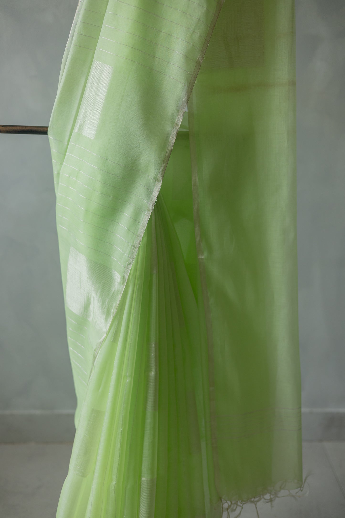 Pista Green Silk Cotton All Over Zari Stripe with All Over Big Boxes Body Saree