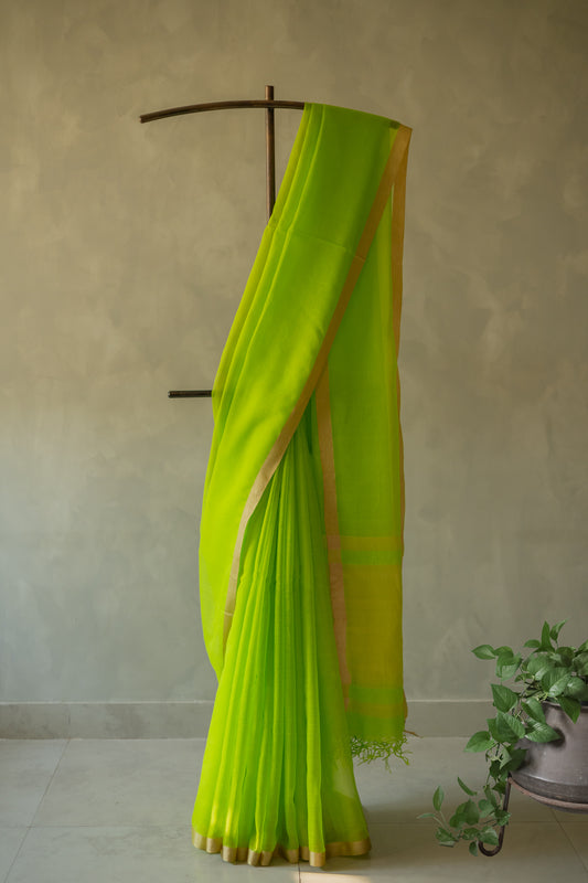 Lime Green Silk Cotton with Kuchi Checks and Tussar Border Saree