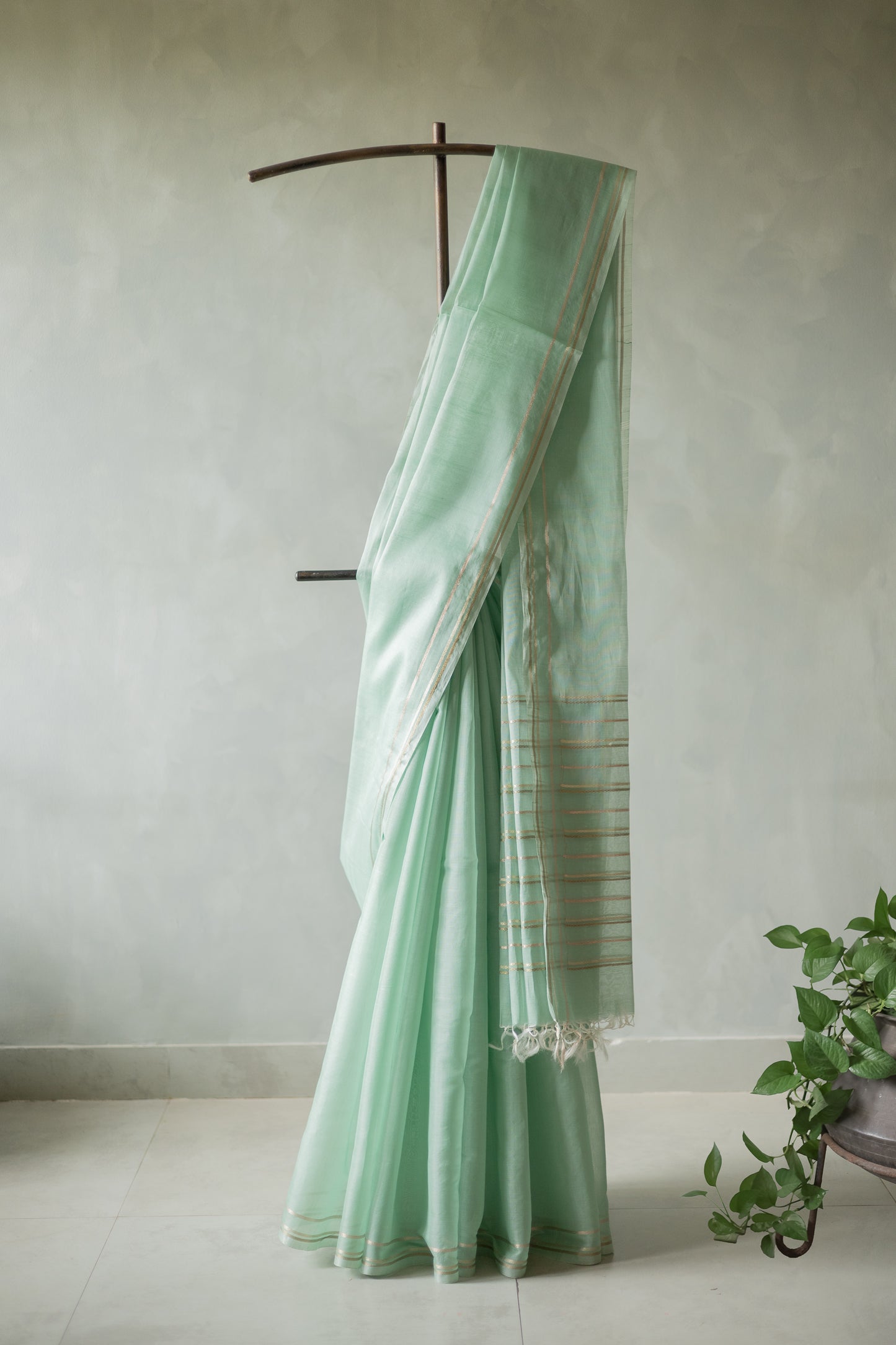 Light Green Silk Cotton with Gold and Silver Border Saree