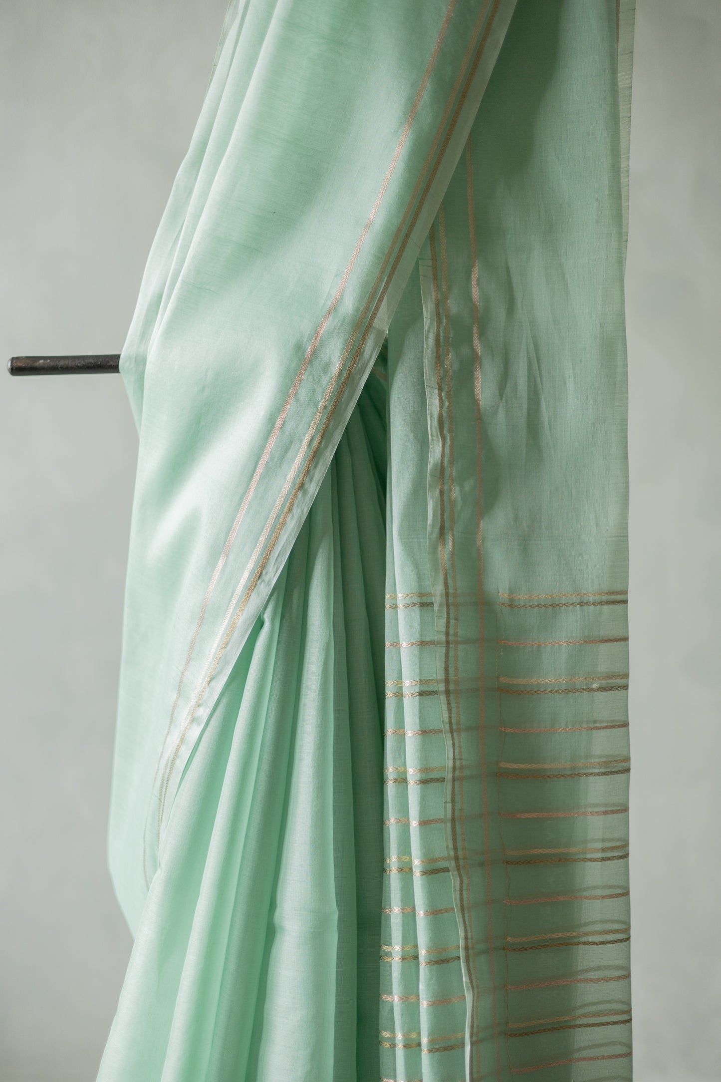 Light Green Silk Cotton with Gold and Silver Border Saree