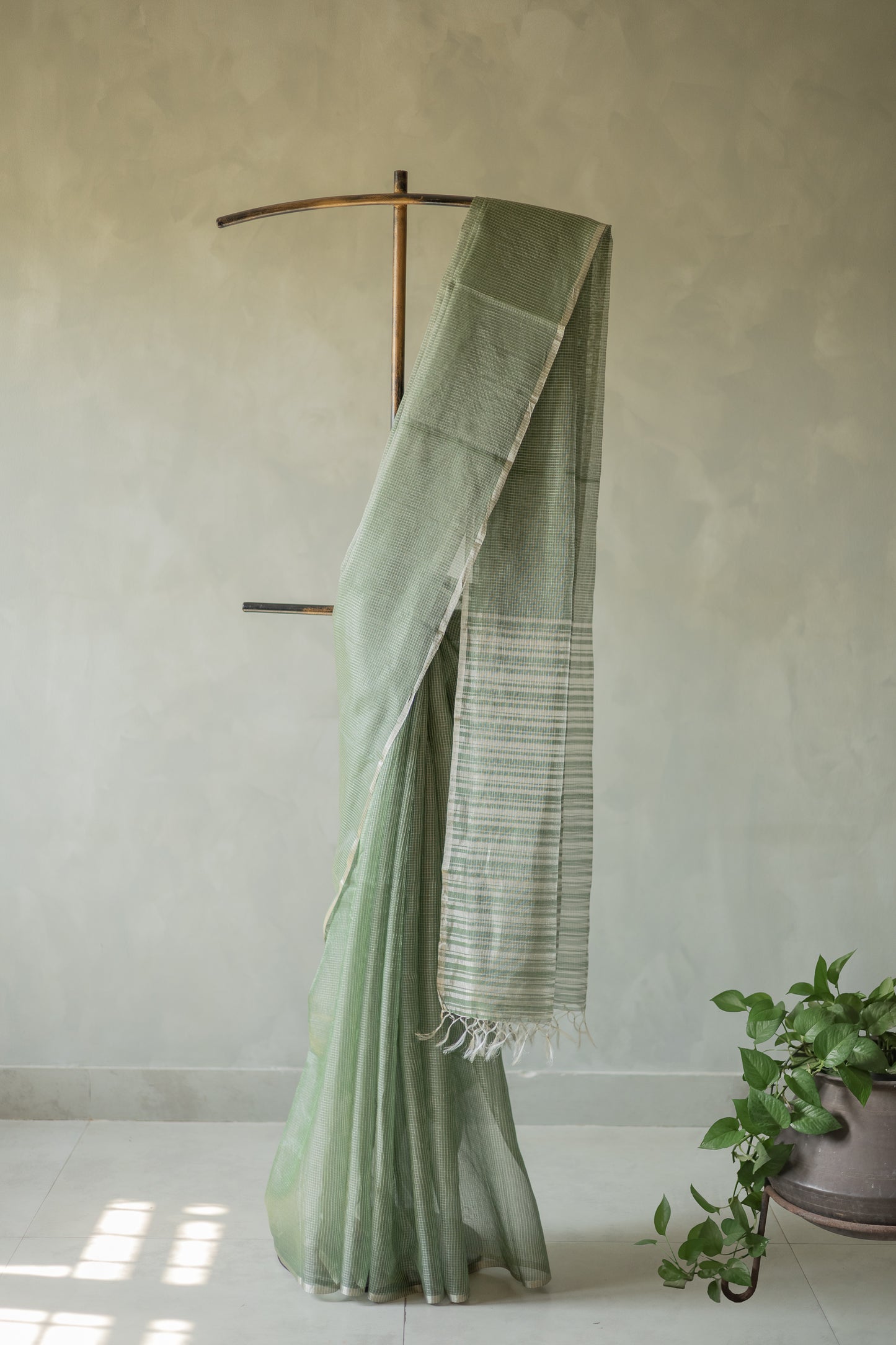Green Silk Cotton with All Over Silver Small Checks and Striped Pallu Saree