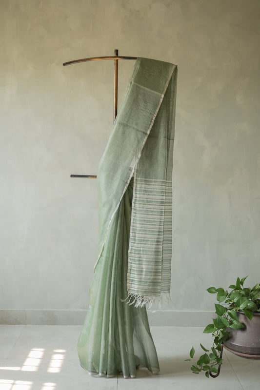 Green Silk Cotton with All Over Silver Small Checks and Striped Pallu Saree