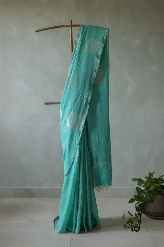 Light Green Silk Cotton All Over Zari Striped Big Box Body Saree
