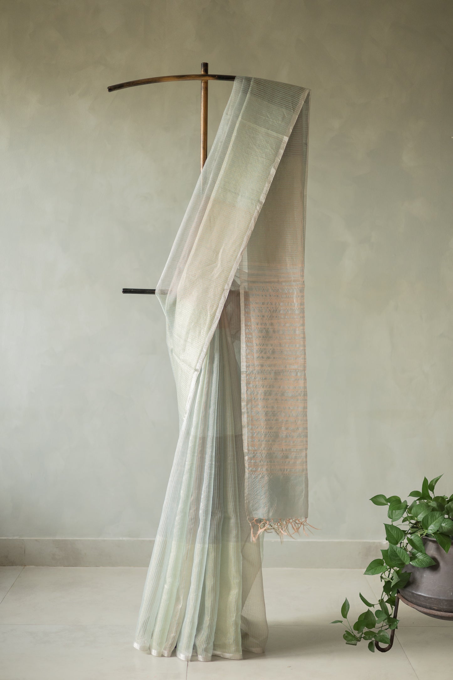 Light Blue Silk Cotton All Over Stripes and Checks Saree