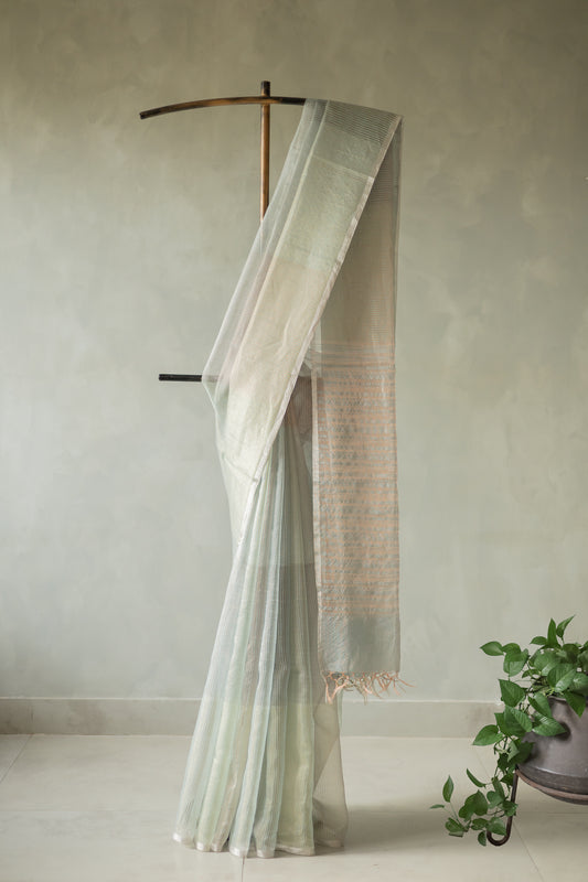 Light Blue Silk Cotton All Over Stripes and Checks Saree