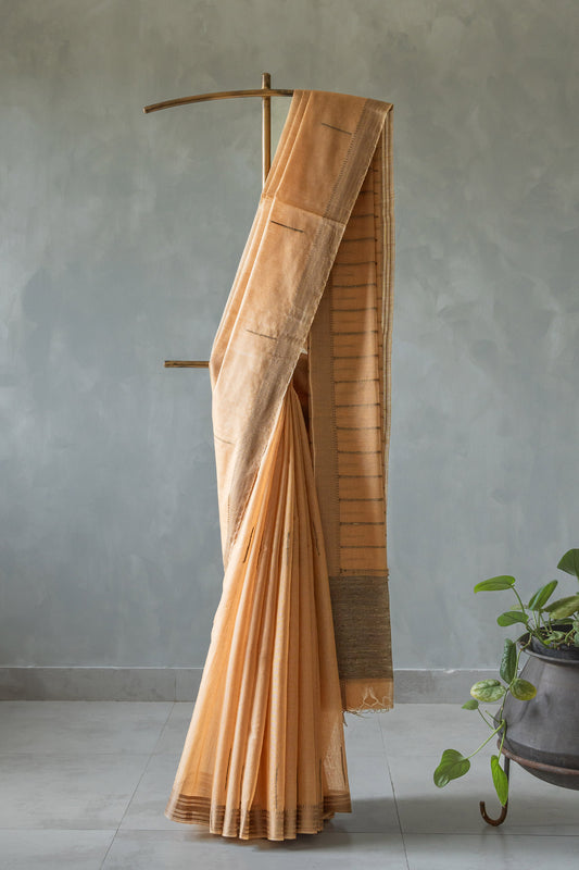 Light Brown Silk Cotton Saree with Random Khapa Striped Saree