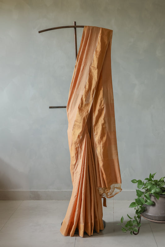 Light Brown Silk Cotton Plain Body with Zari Border Saree