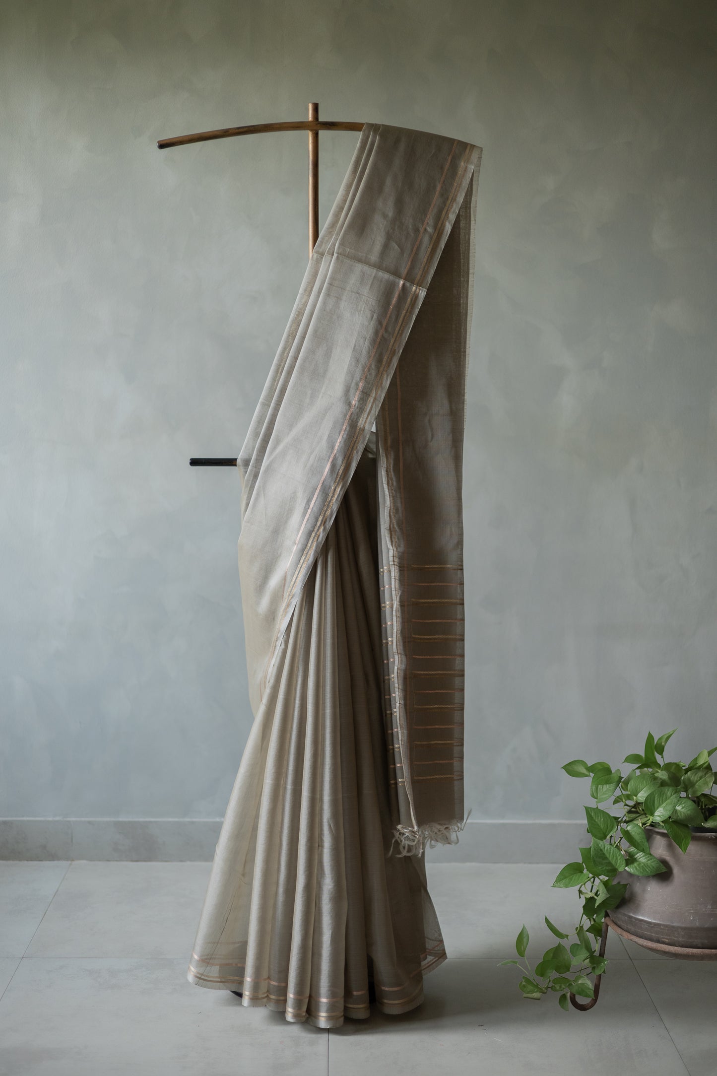 Grey Silk Cotton with Zari Woven Border and Pallu Saree