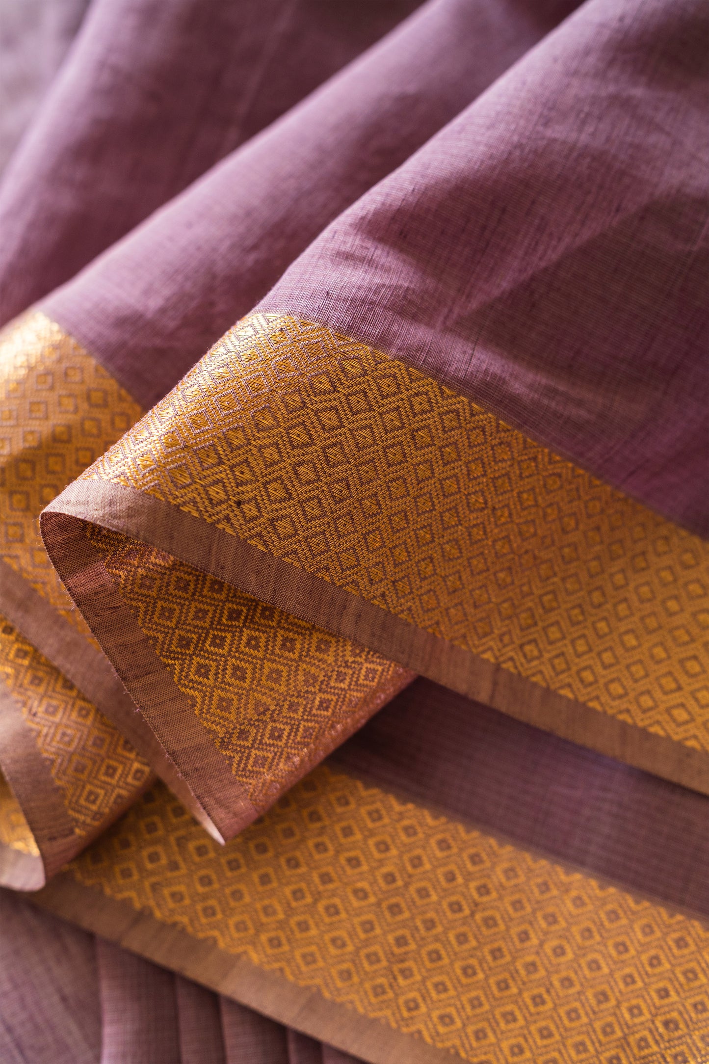 Dark Mauve Silk Cotton Saree with Self Stripes & Zari Border Saree