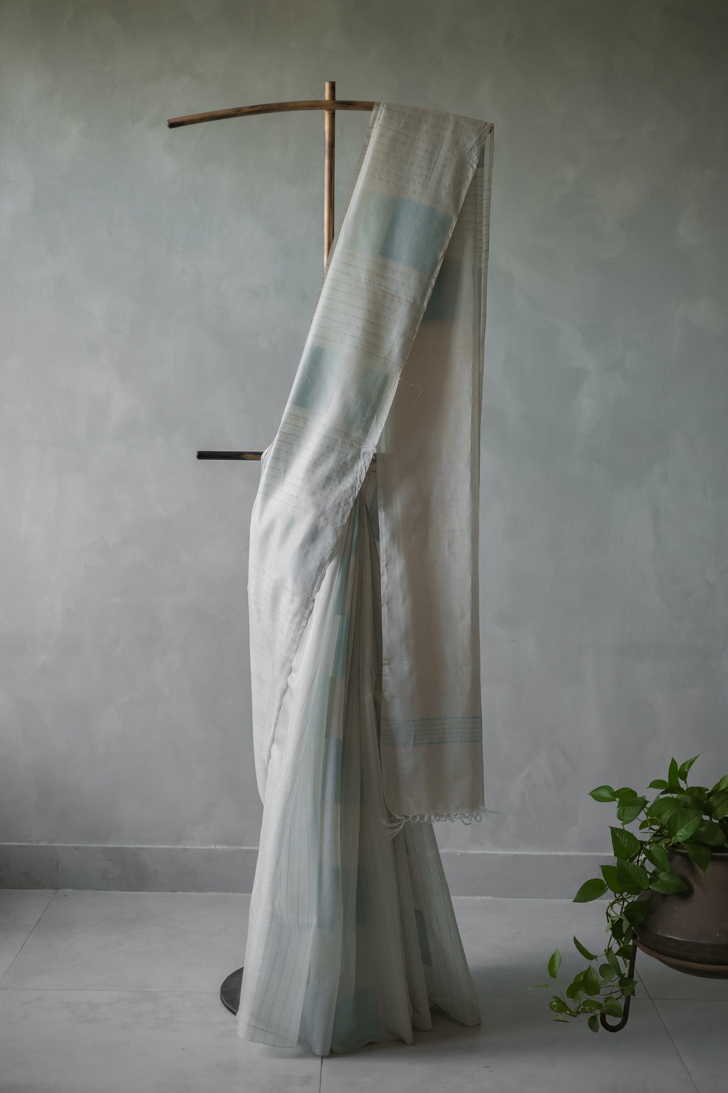 Off White with Blue Square Silk Cotton Saree