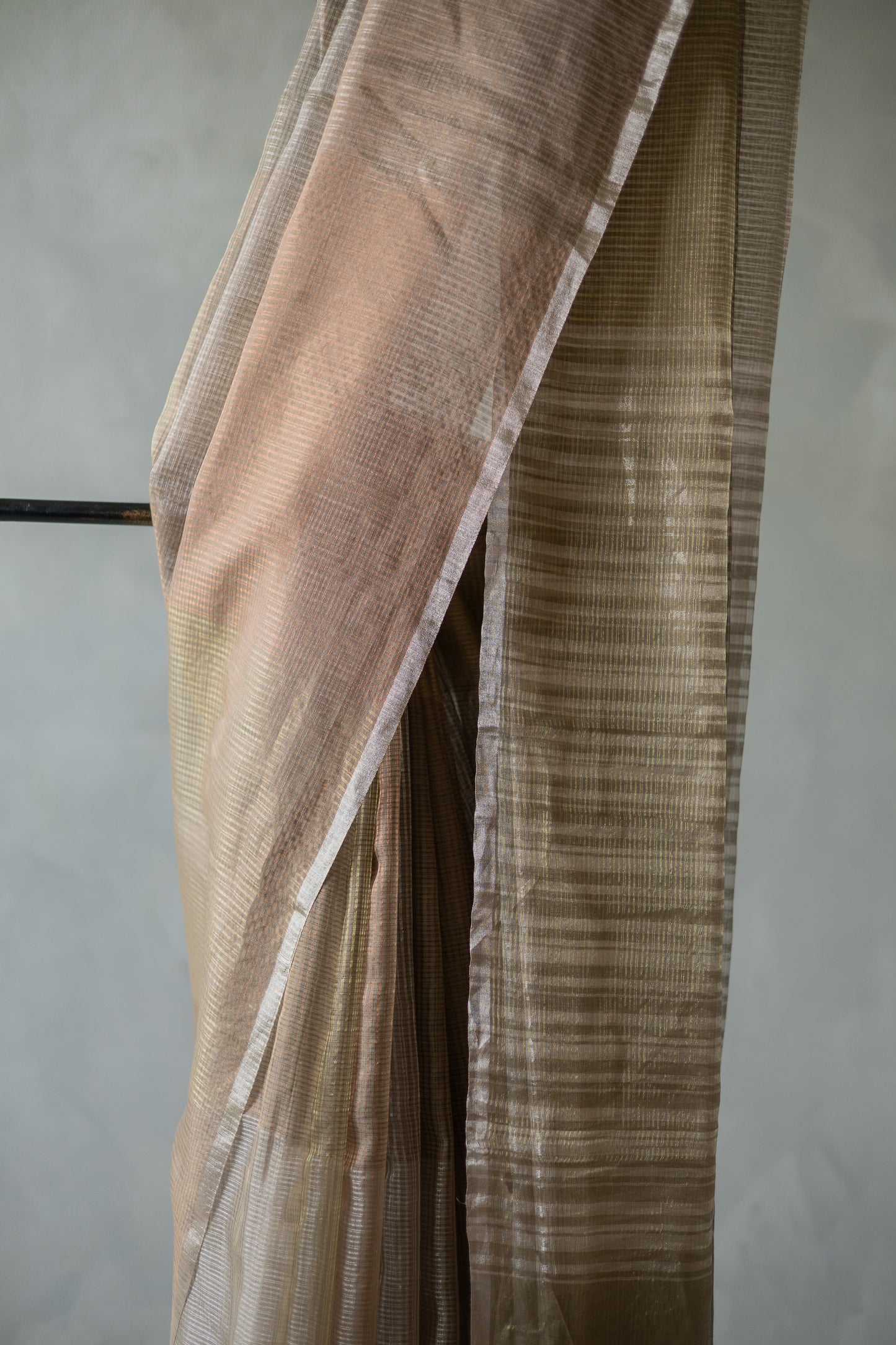 Grey and Brown Silk Cotton All Over Stripes and Checks Saree